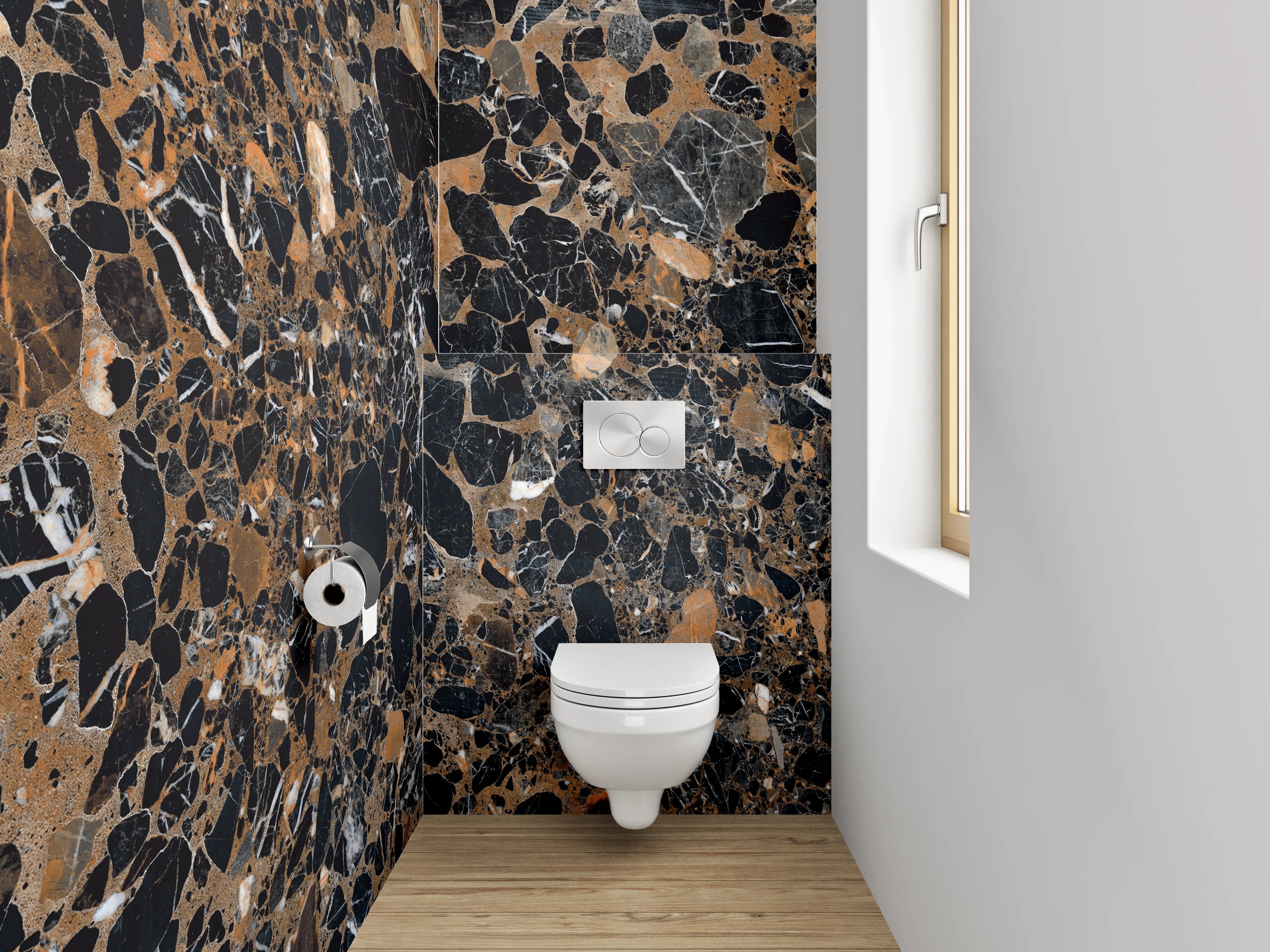 WC-Rückwand - Edler schwarzer Marmor mit goldbraunen Akzenten