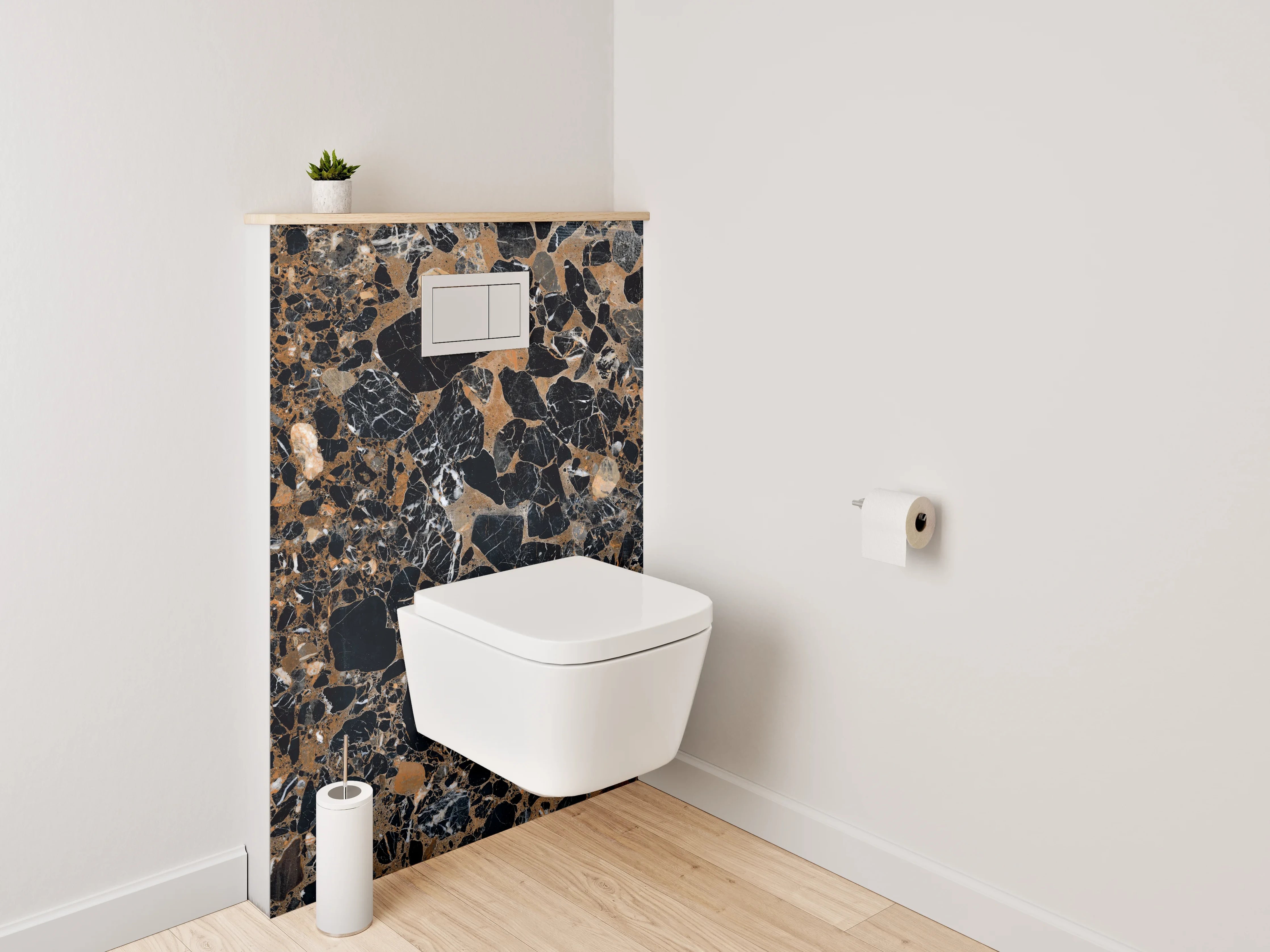 WC-Rückwand - Edler schwarzer Marmor mit goldbraunen Akzenten