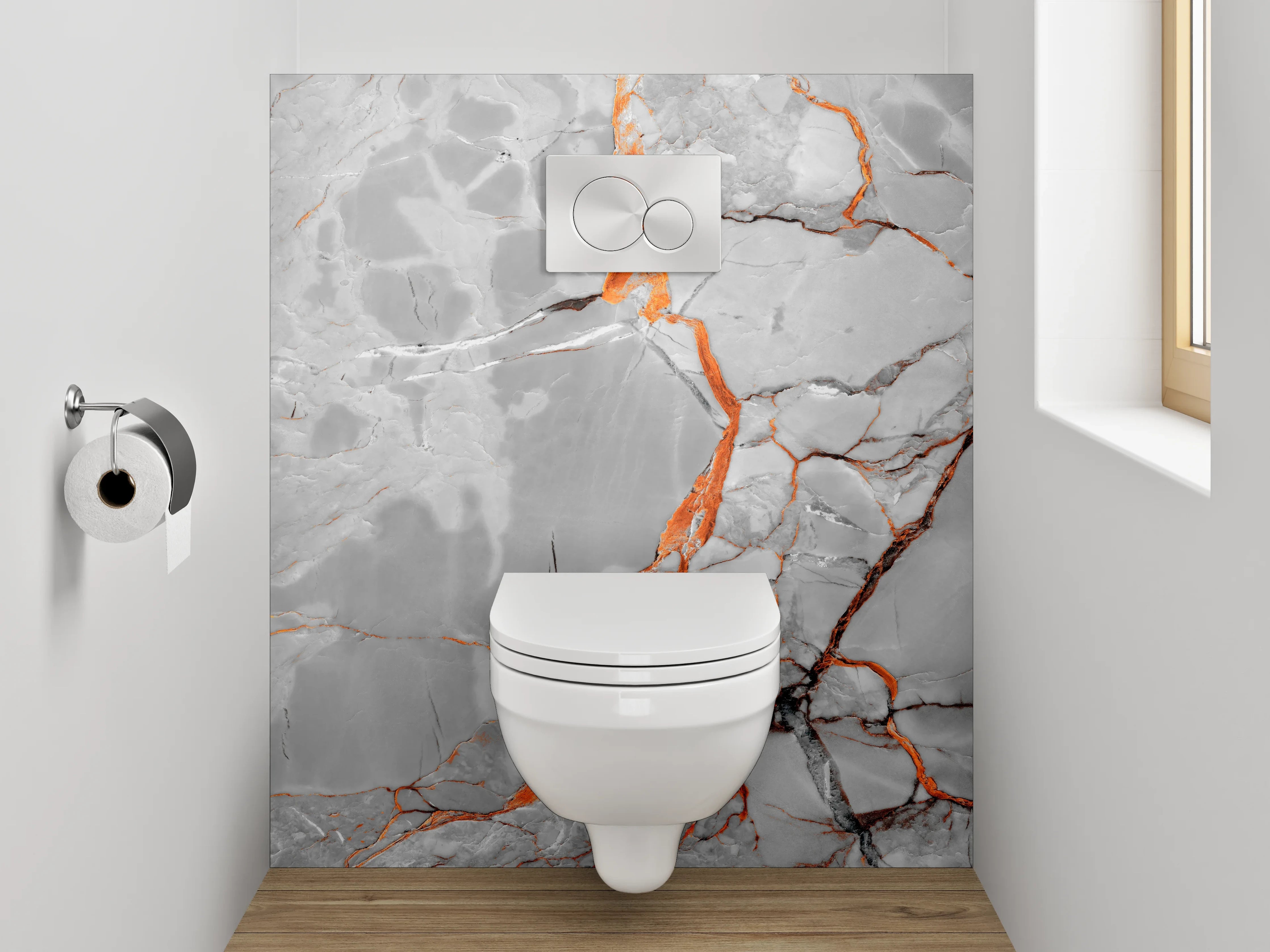 WC-Rückwand - Edler weiß-grauer Marmor mit Orangeadern