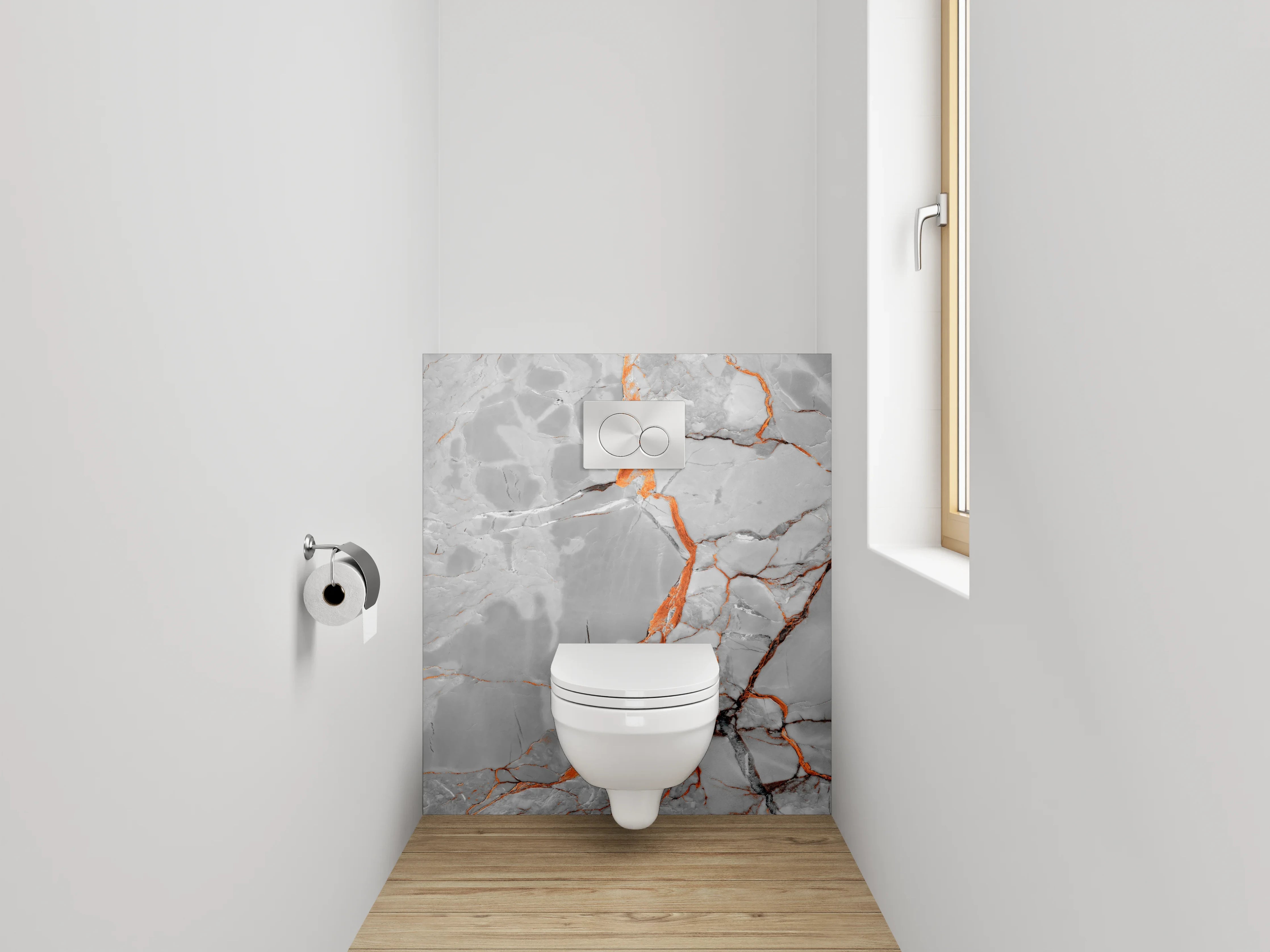 WC-Rückwand - Edler weiß-grauer Marmor mit Orangeadern