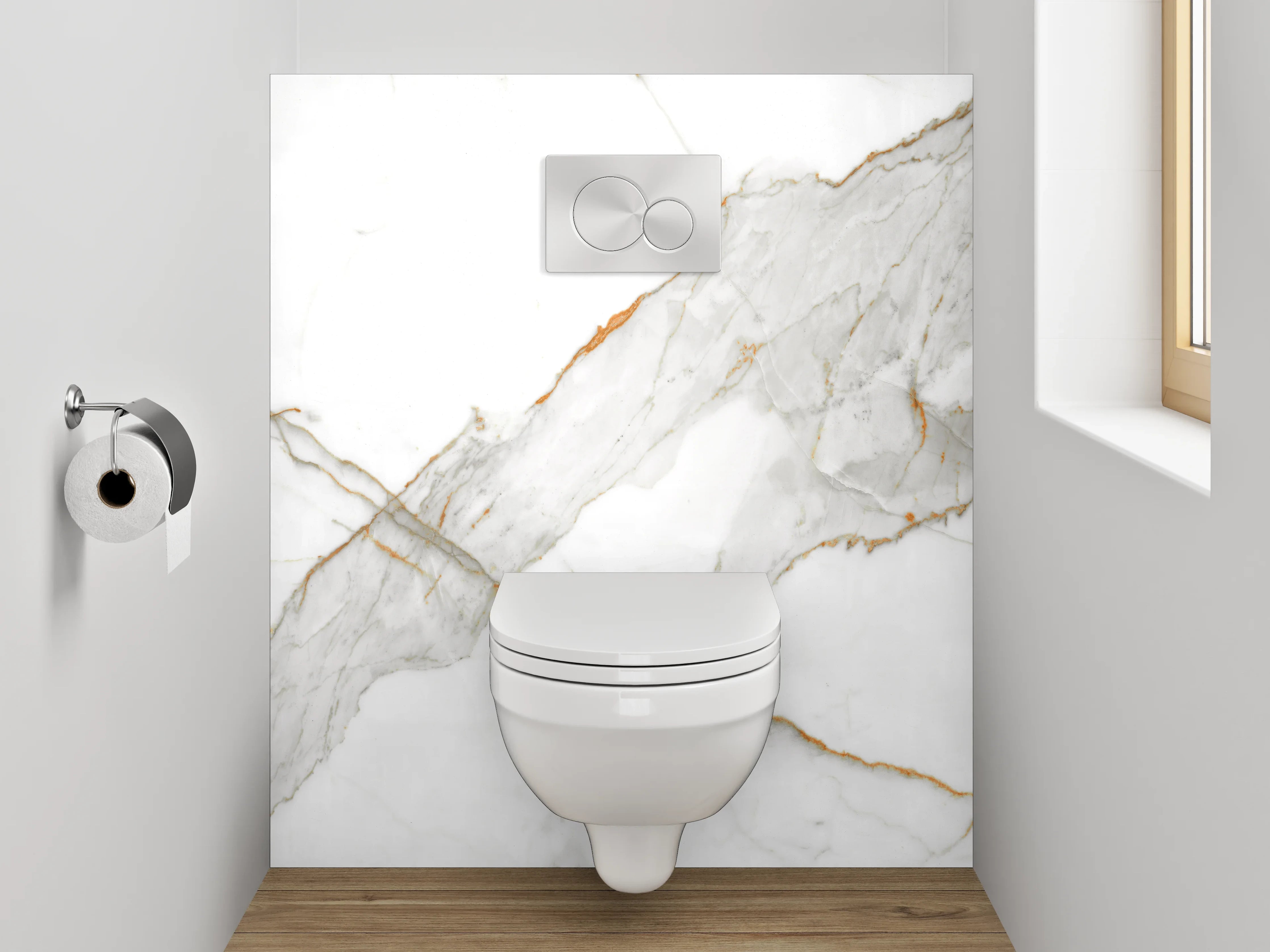 WC-Rückwand - Edler weiß-grauer Marmor mit goldenen Akzenten