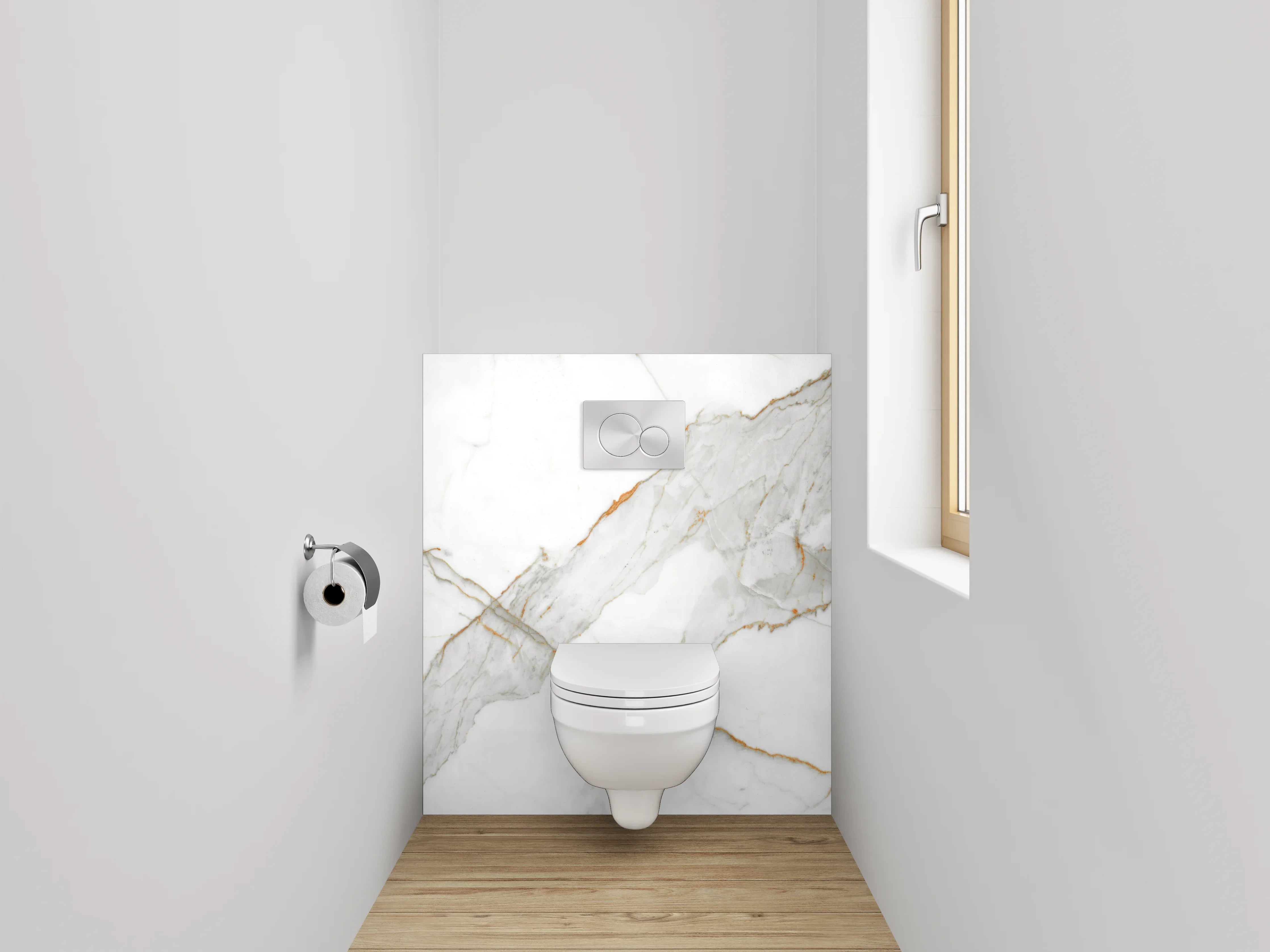 WC-Rückwand - Edler weiß-grauer Marmor mit goldenen Akzenten