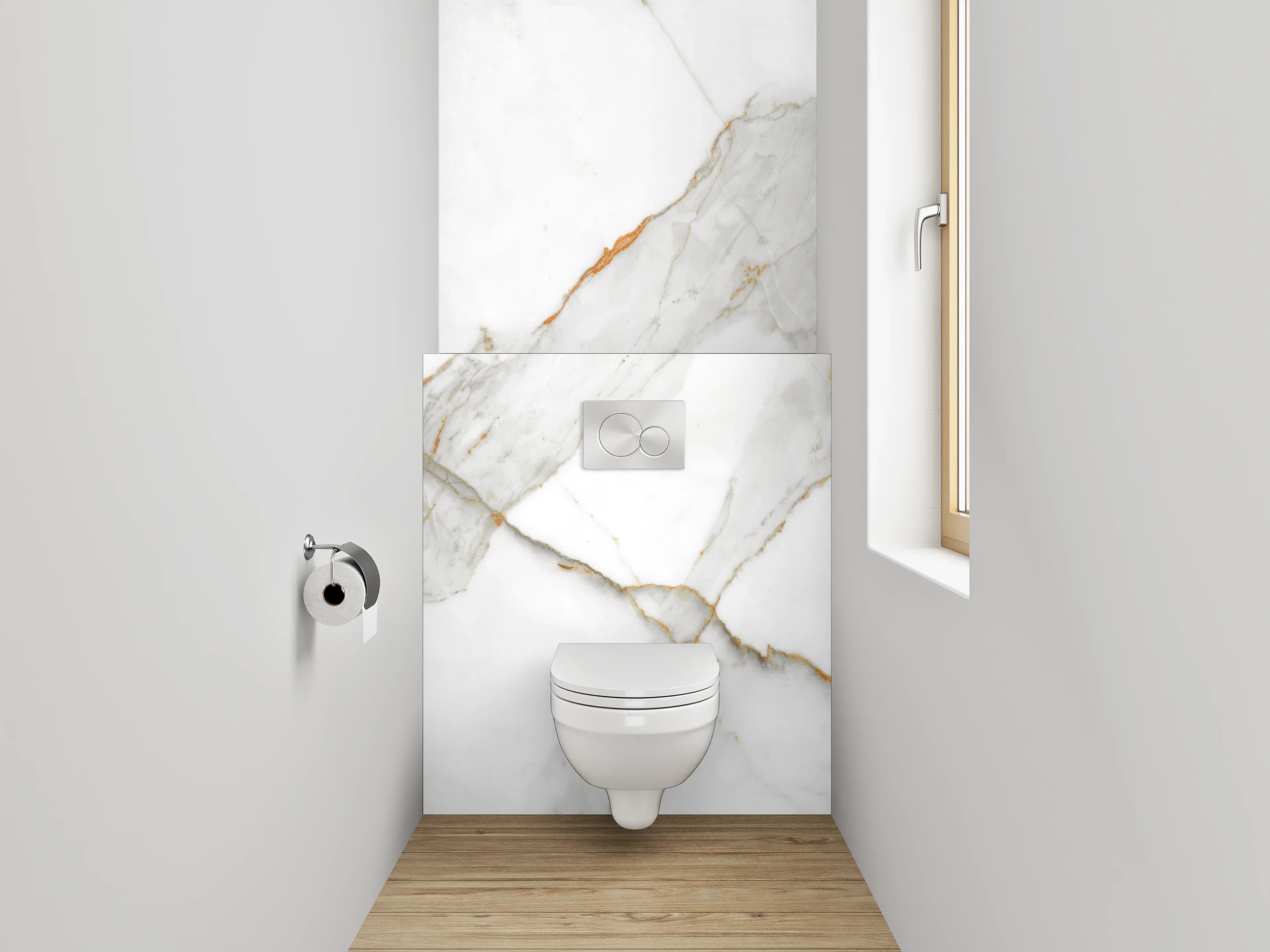 WC-Rückwand - Edler weiß-grauer Marmor mit goldenen Akzenten