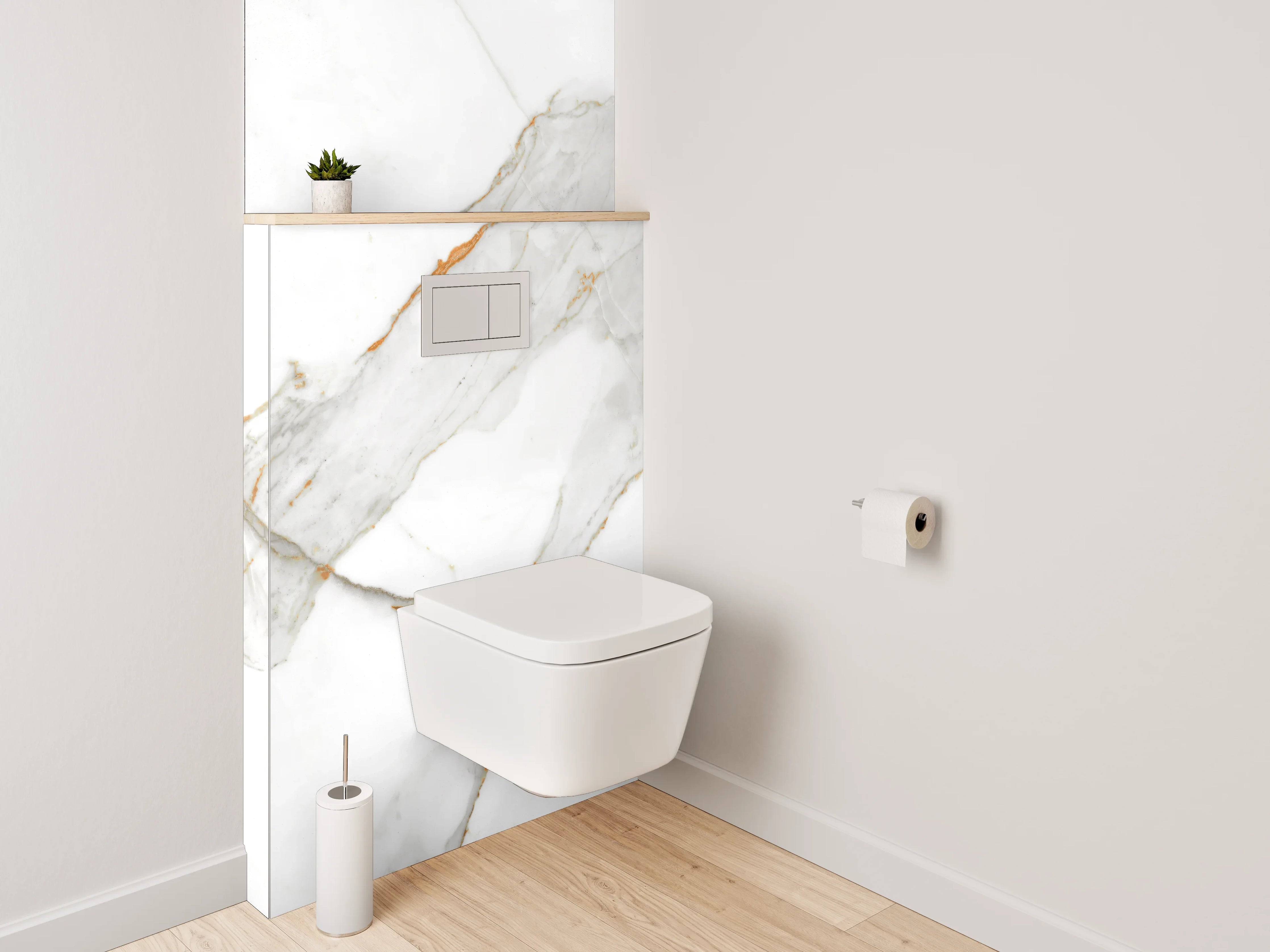 WC-Rückwand - Edler weiß-grauer Marmor mit goldenen Akzenten