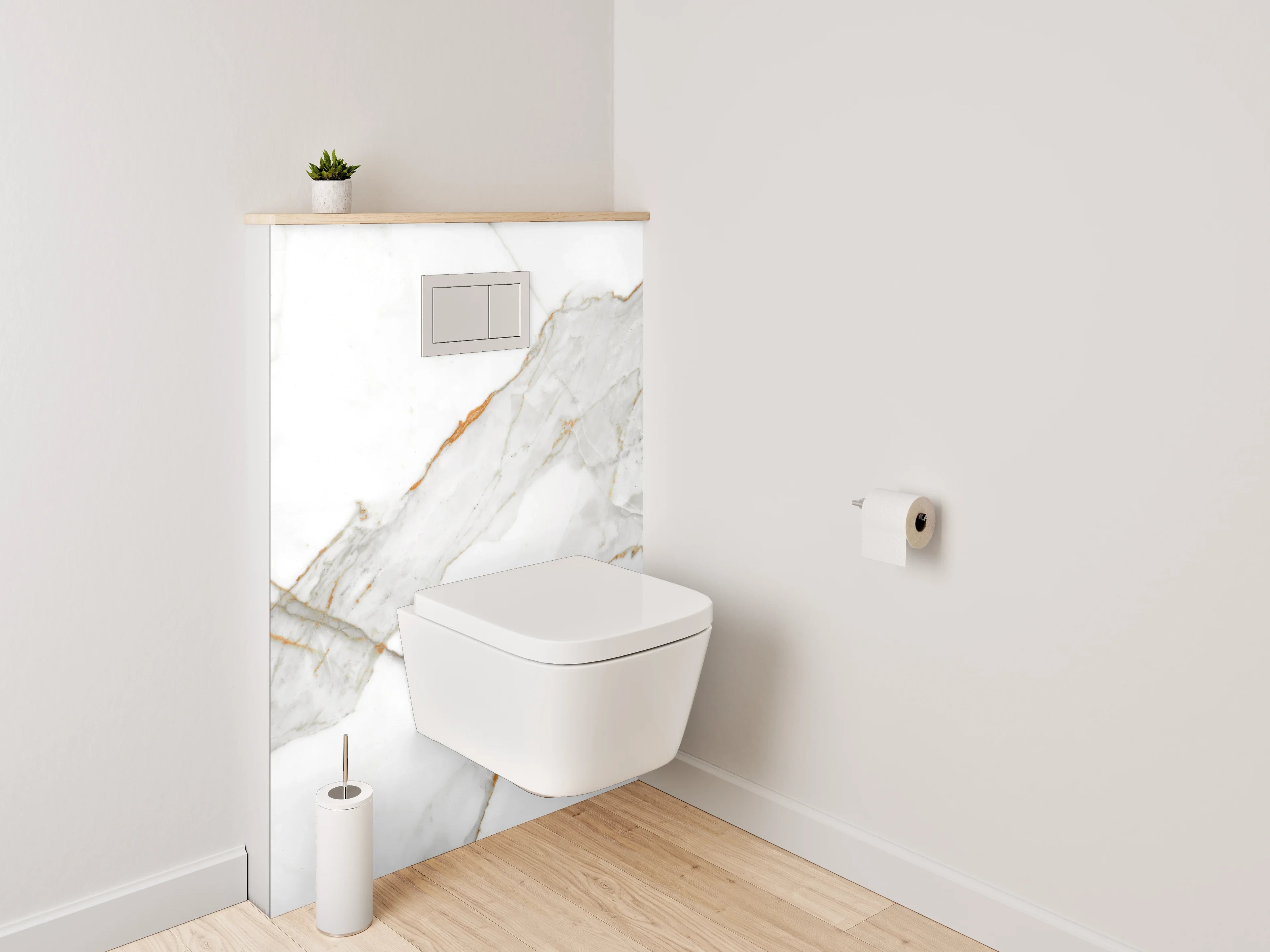 WC-Rückwand - Edler weiß-grauer Marmor mit goldenen Akzenten