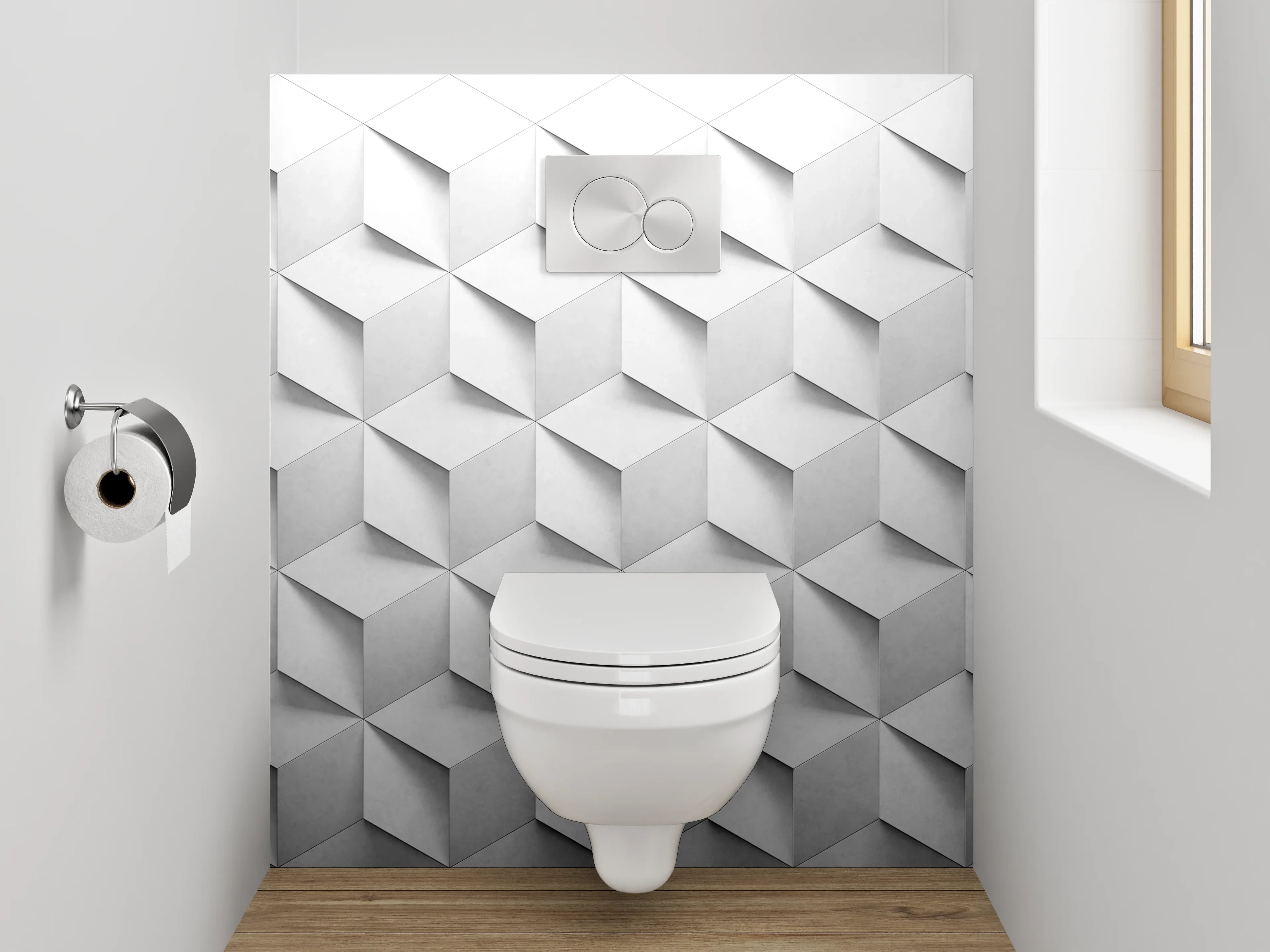 WC-Rückwand - Edles 3D-Würfelmuster in Weiß und Grau