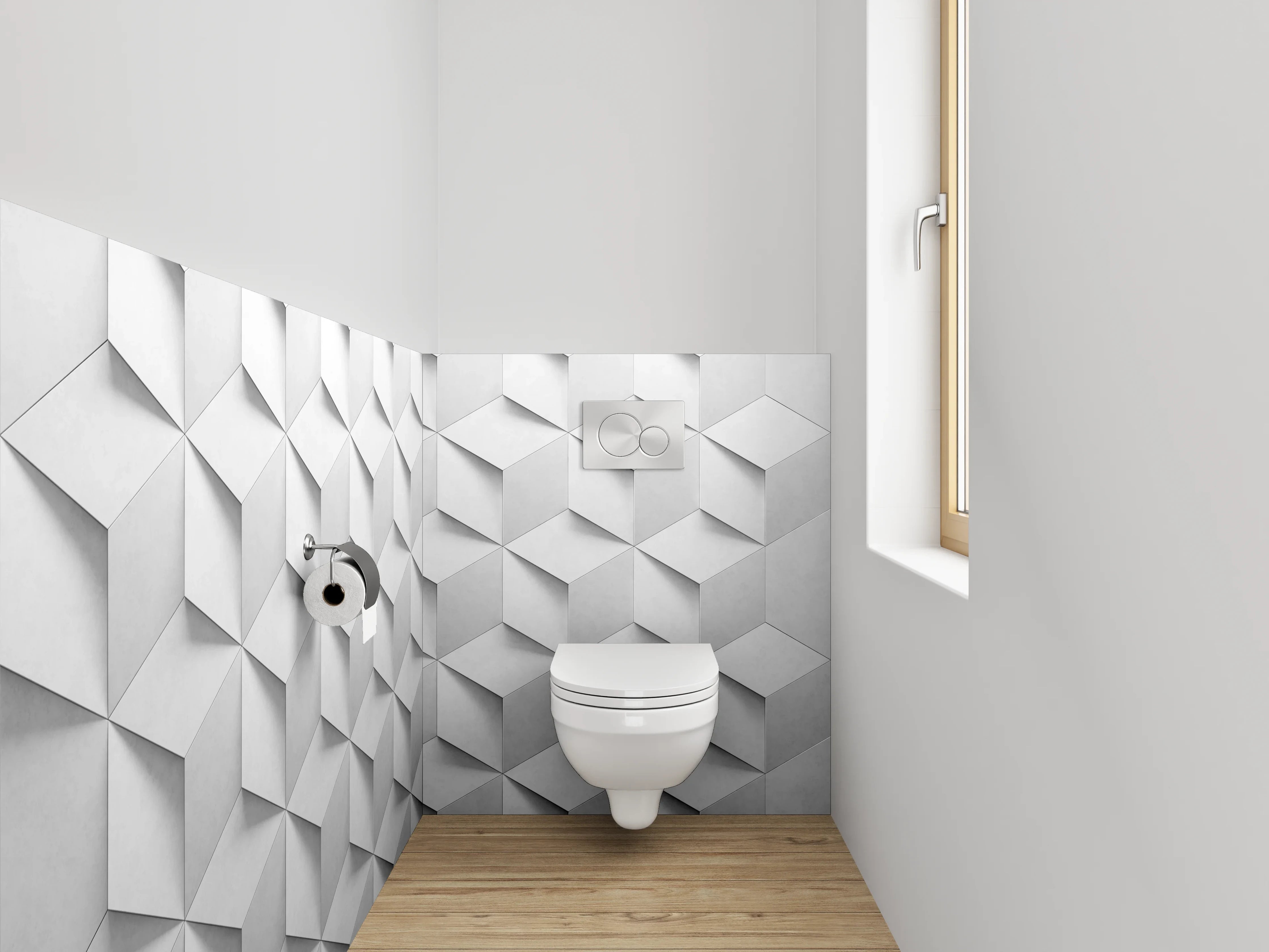 WC-Rückwand - Edles 3D-Würfelmuster in Weiß und Grau