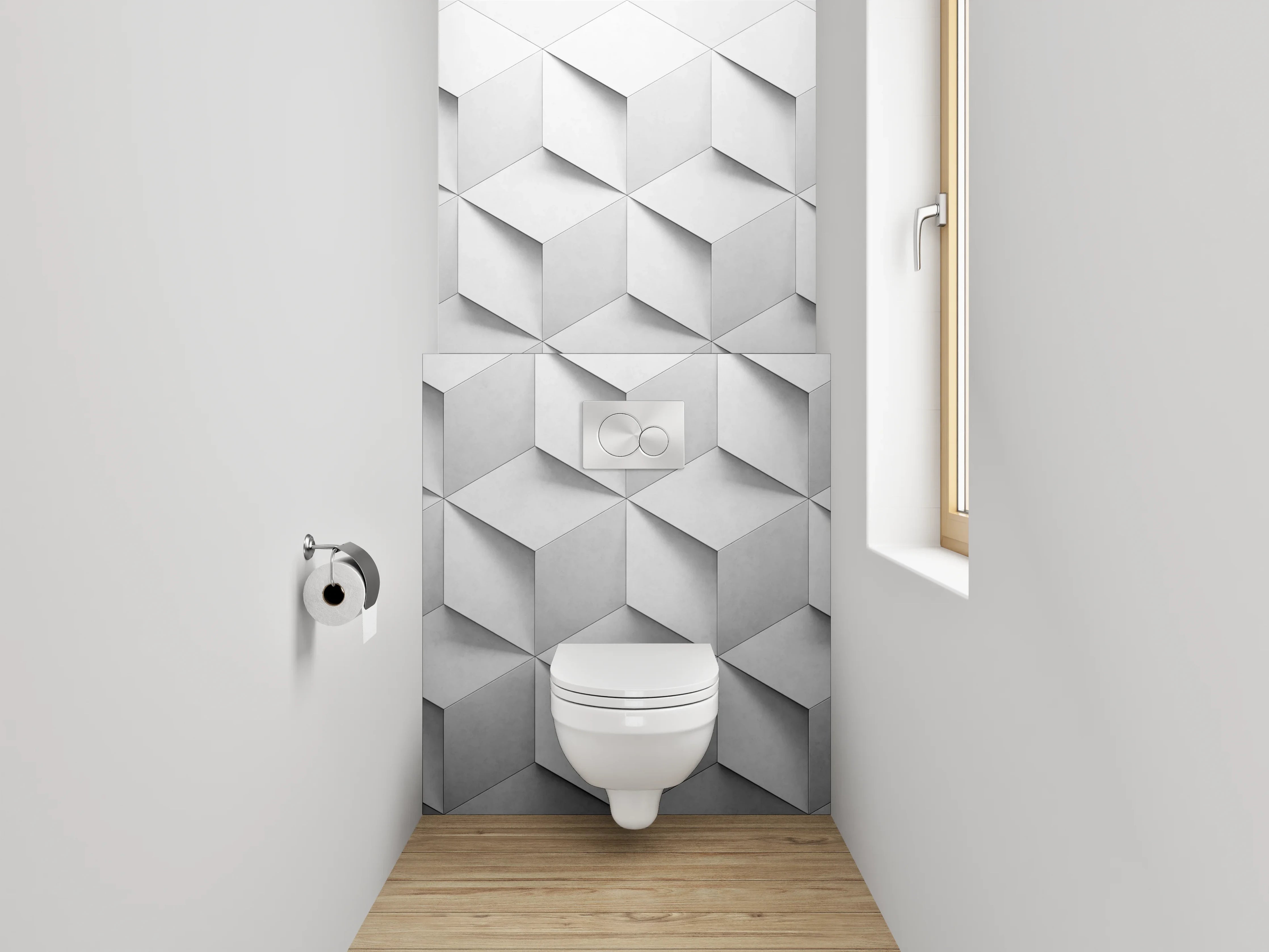 WC-Rückwand - Edles 3D-Würfelmuster in Weiß und Grau