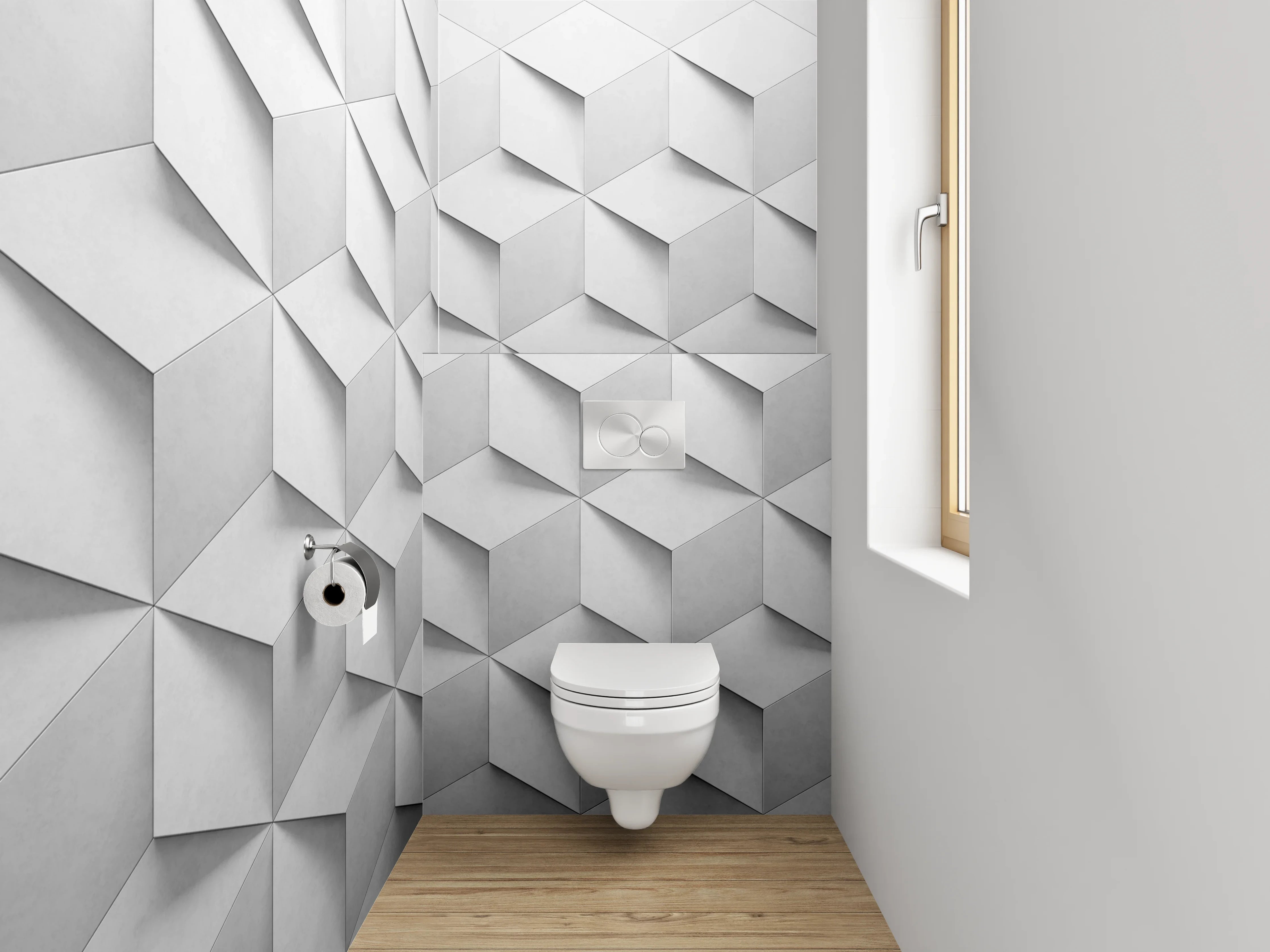 WC-Rückwand - Edles 3D-Würfelmuster in Weiß und Grau
