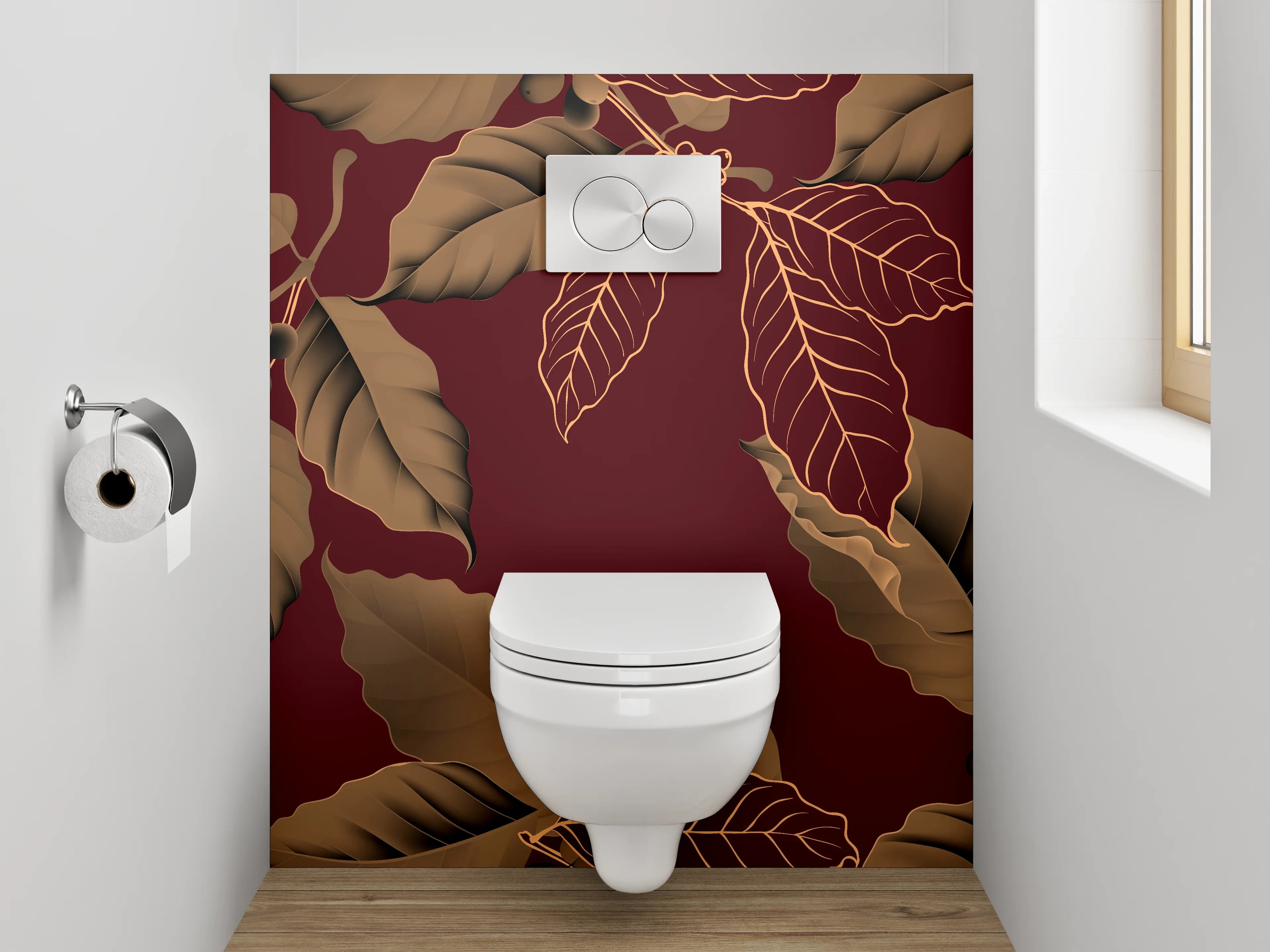 WC-Rückwand - Edles Kaffeeblatt-Design auf Weinrot