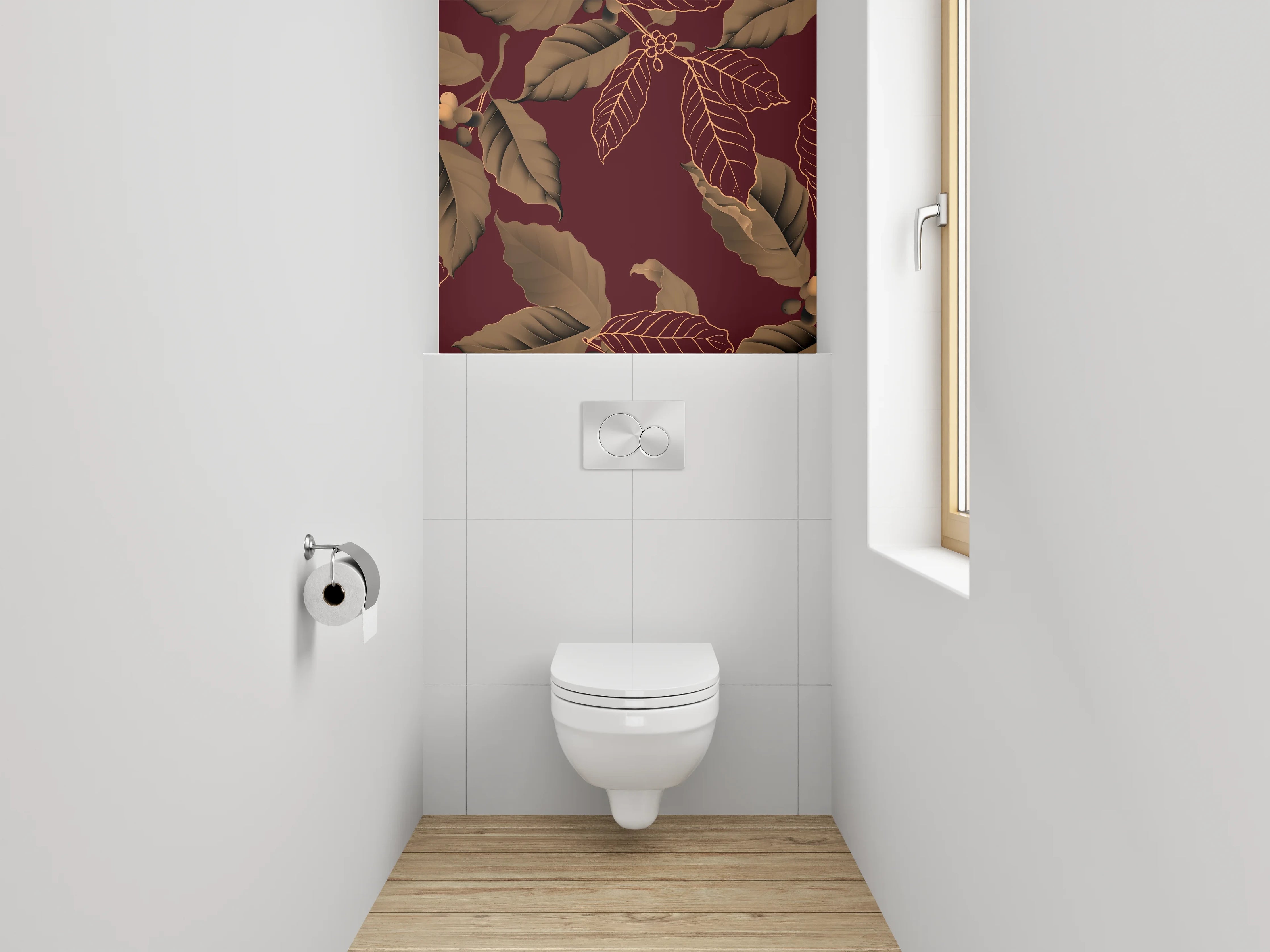 WC-Rückwand - Edles Kaffeeblatt-Design auf Weinrot