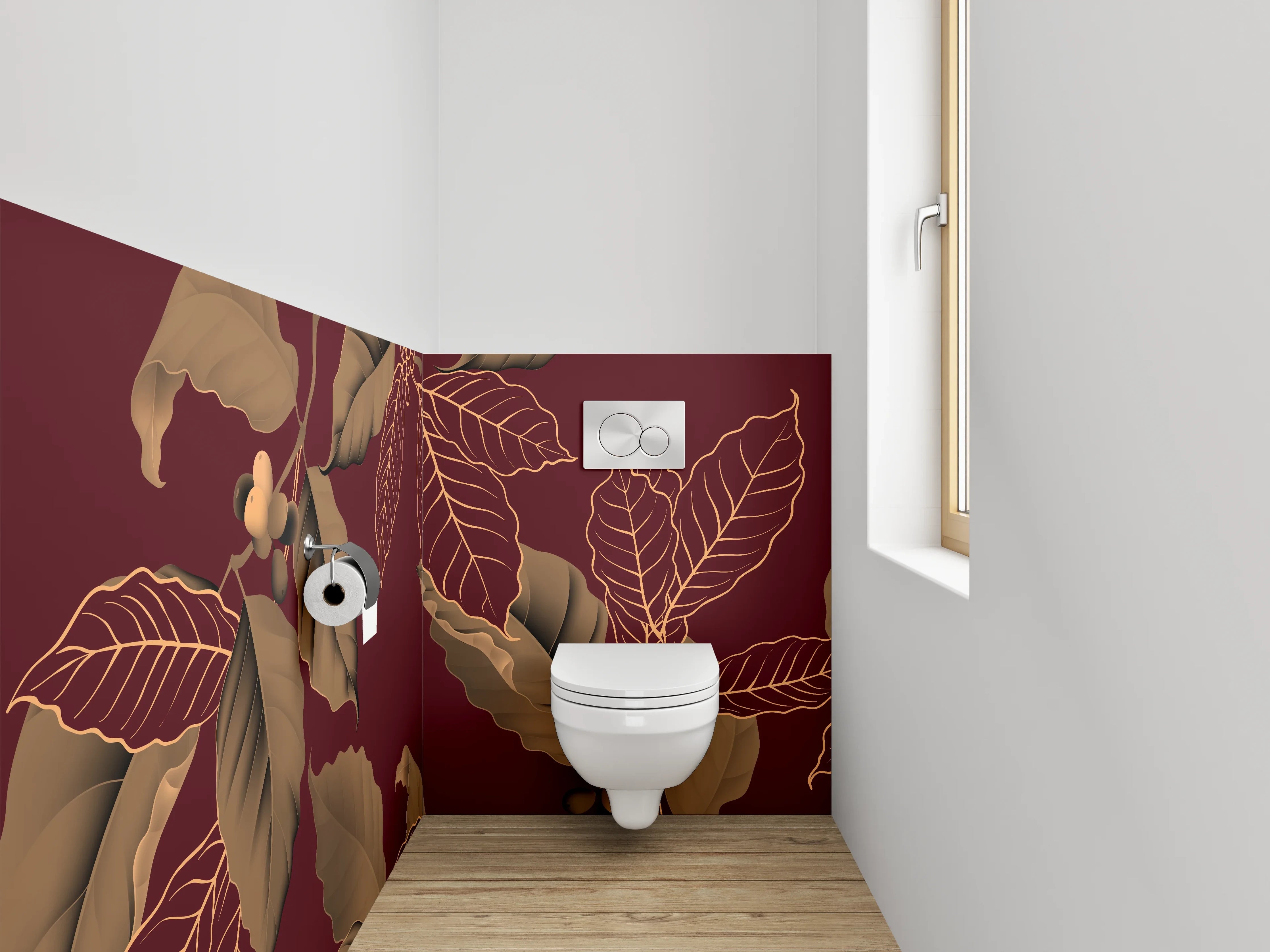 WC-Rückwand - Edles Kaffeeblatt-Design auf Weinrot
