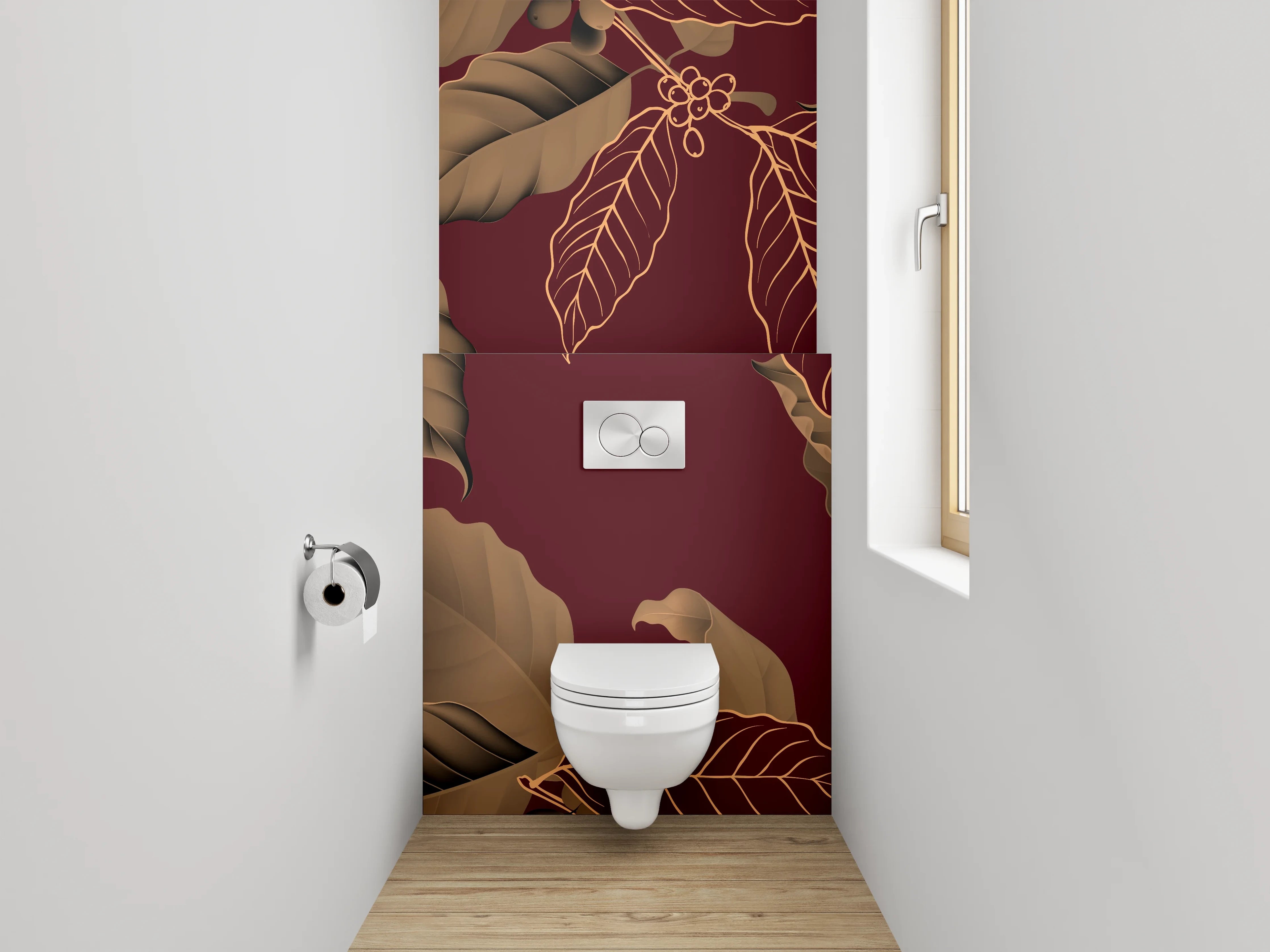 WC-Rückwand - Edles Kaffeeblatt-Design auf Weinrot