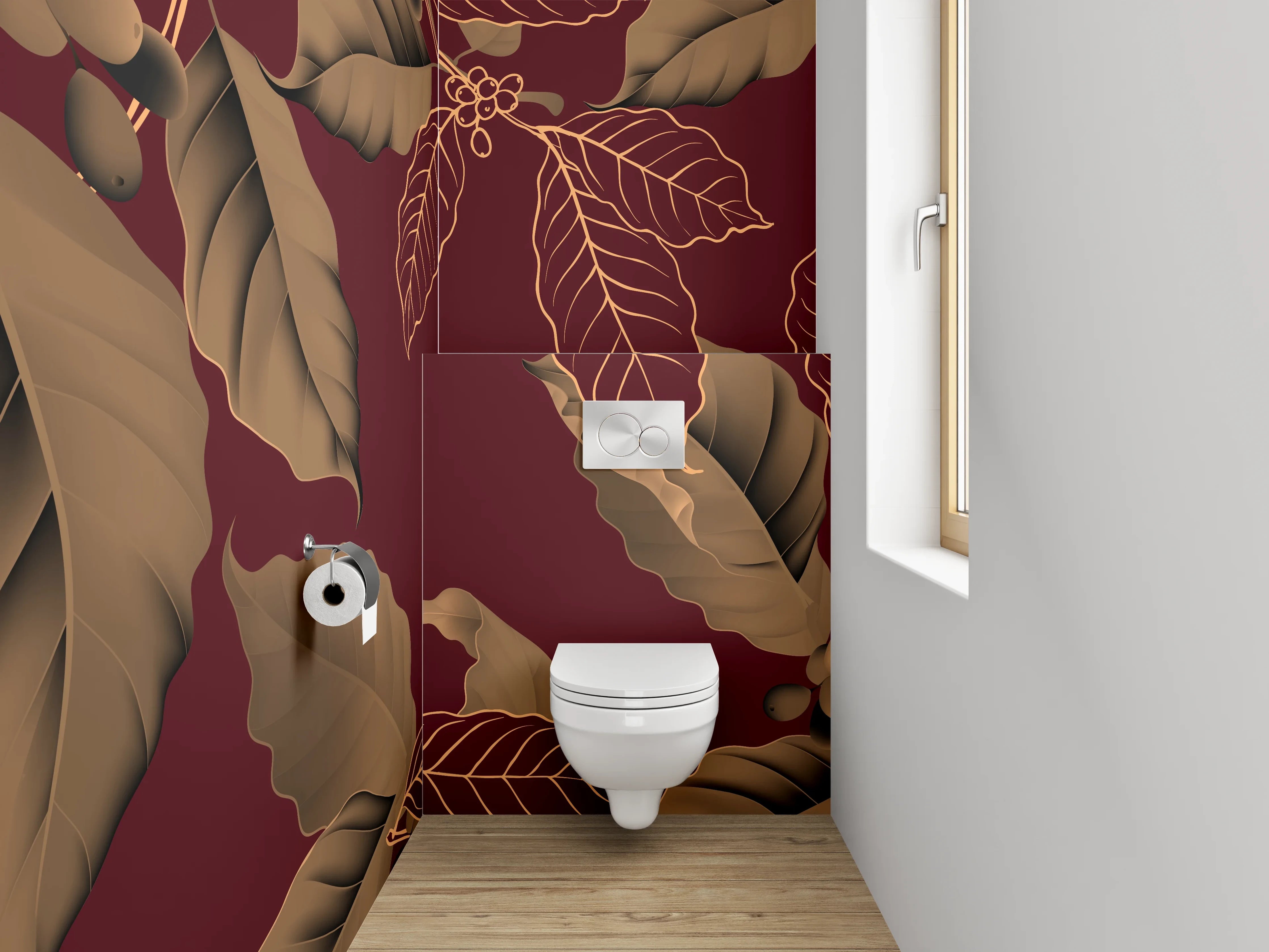 WC-Rückwand - Edles Kaffeeblatt-Design auf Weinrot