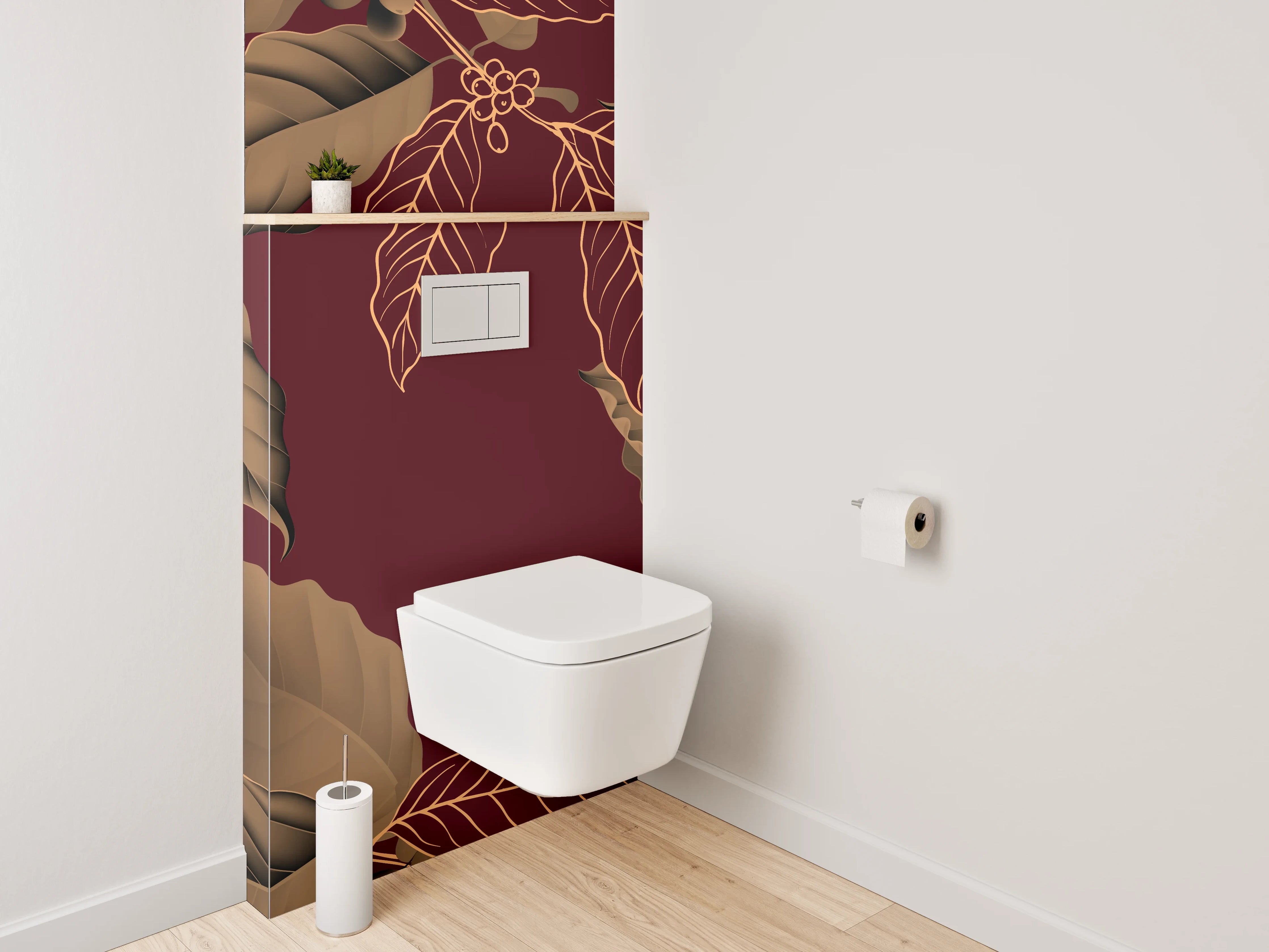 WC-Rückwand - Edles Kaffeeblatt-Design auf Weinrot
