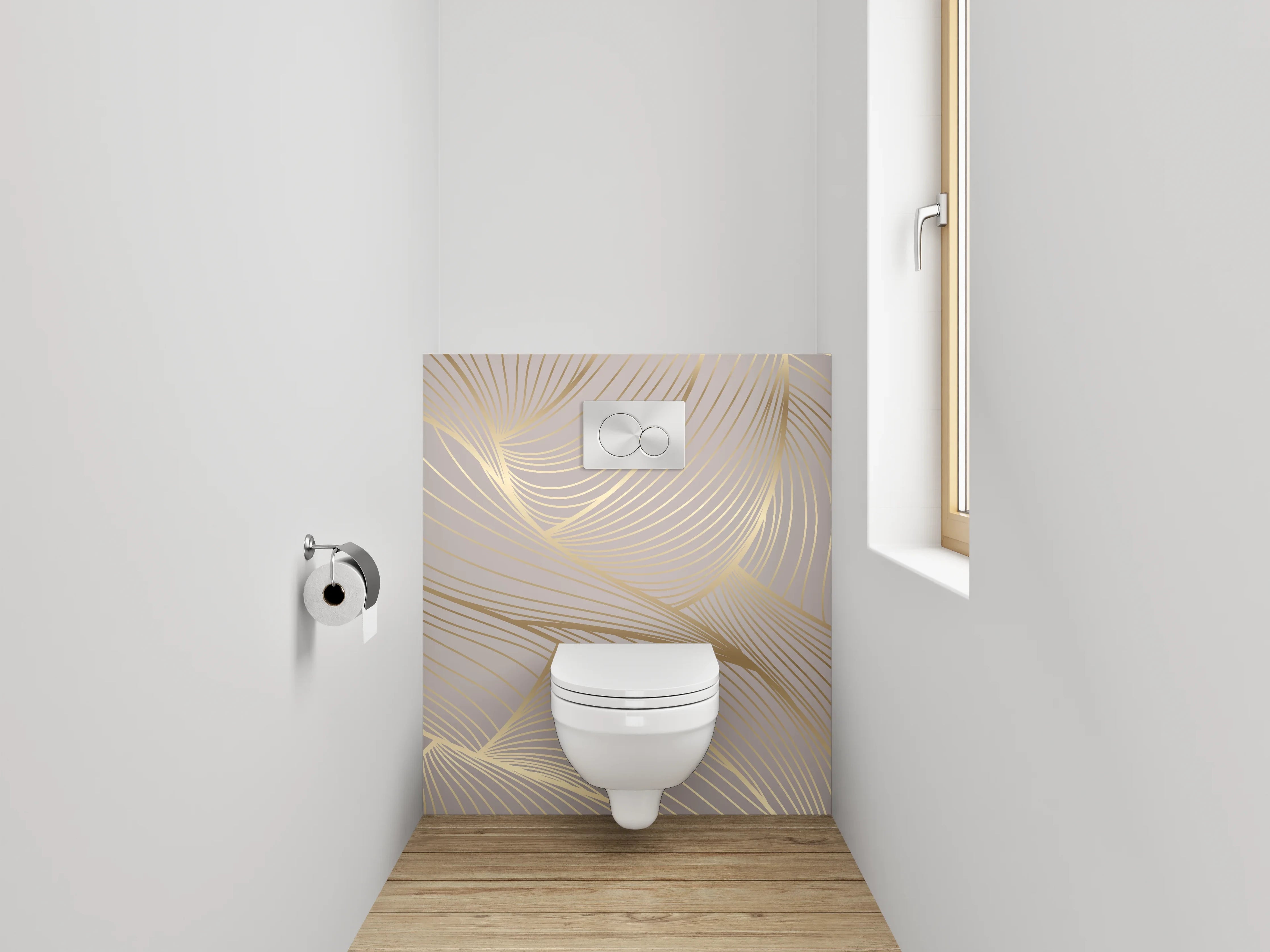 WC-Rückwand - Edles Lineart-Muster in Beige und Gold
