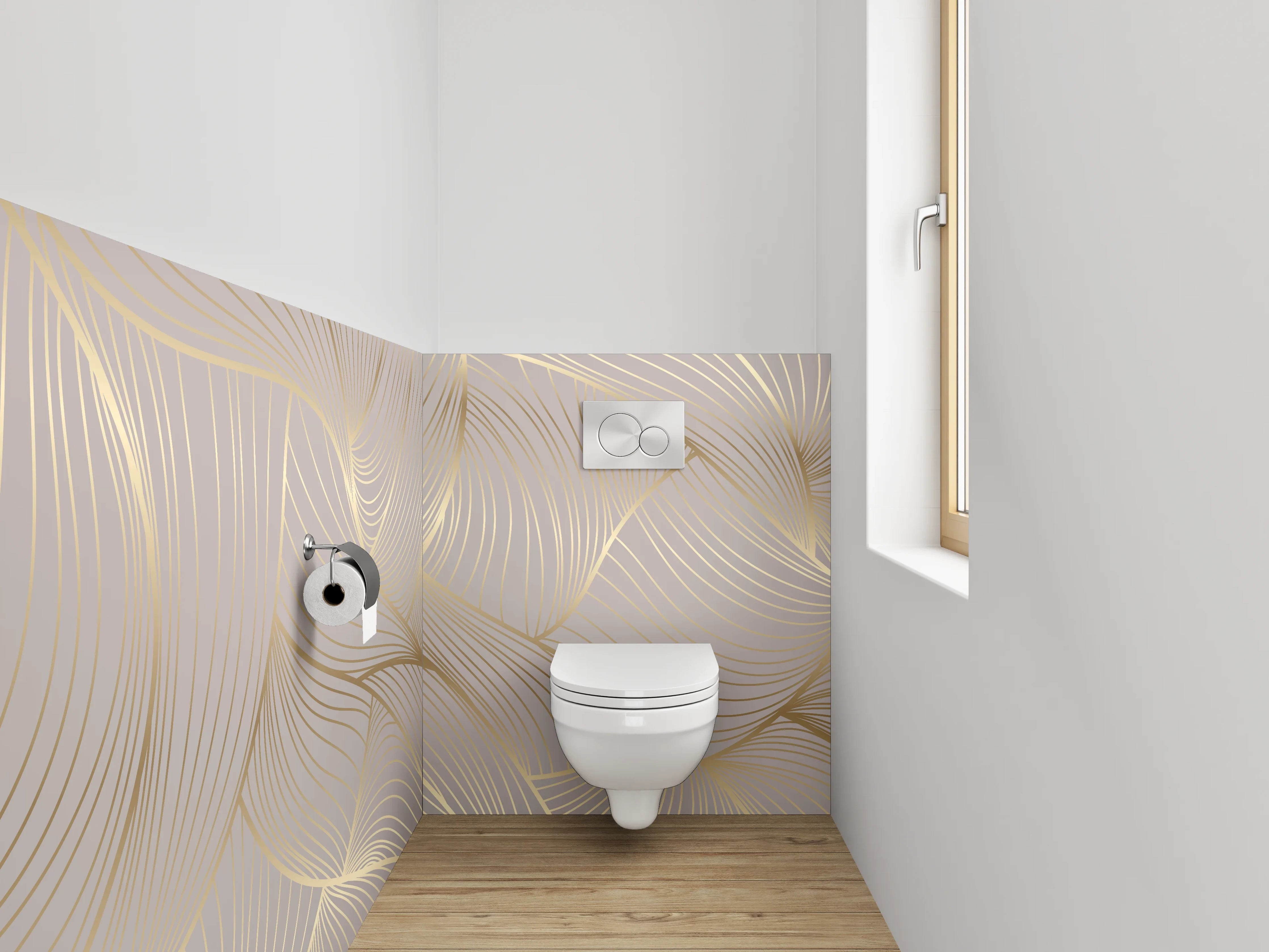 WC-Rückwand - Edles Lineart-Muster in Beige und Gold