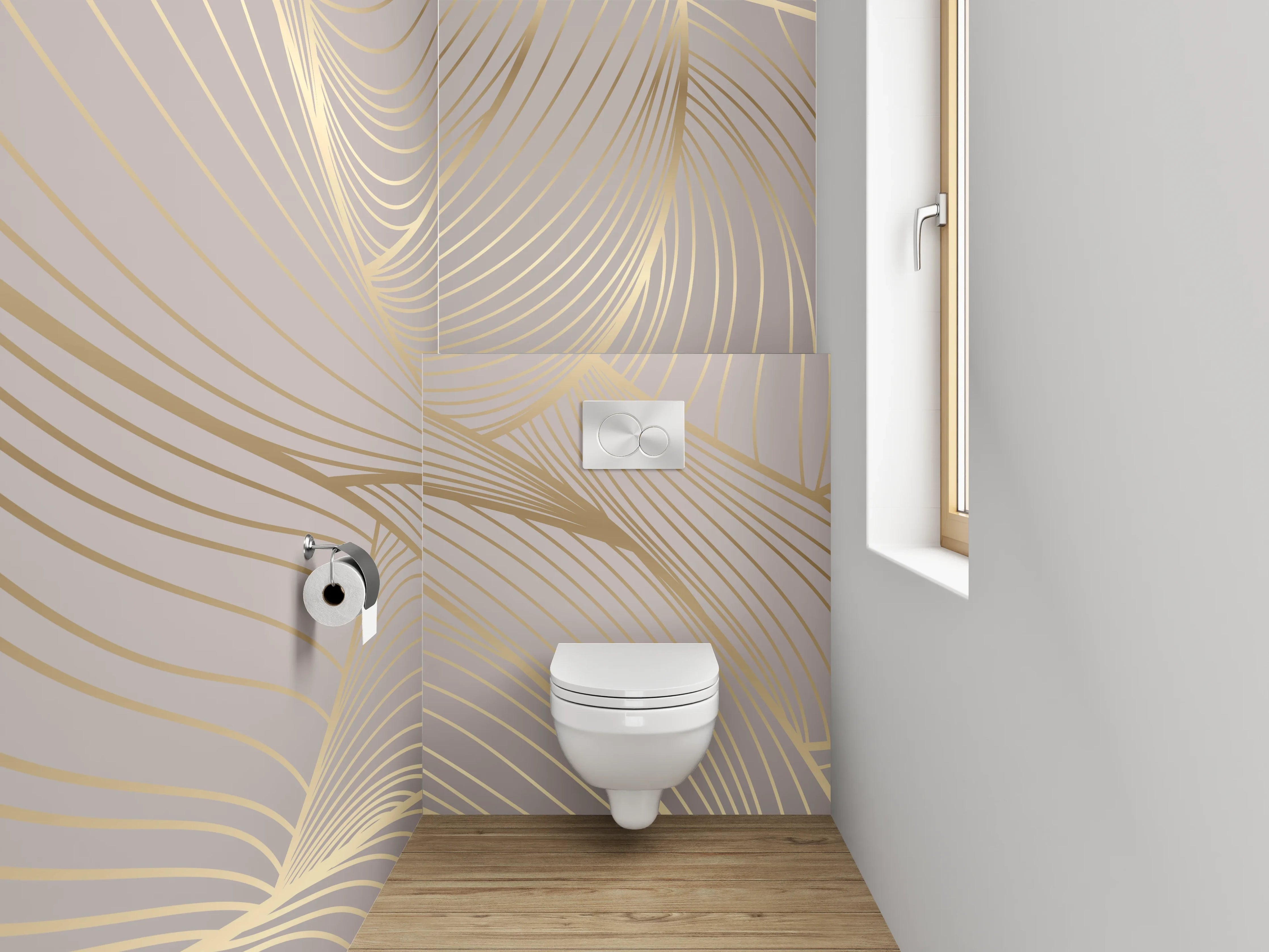 WC-Rückwand - Edles Lineart-Muster in Beige und Gold