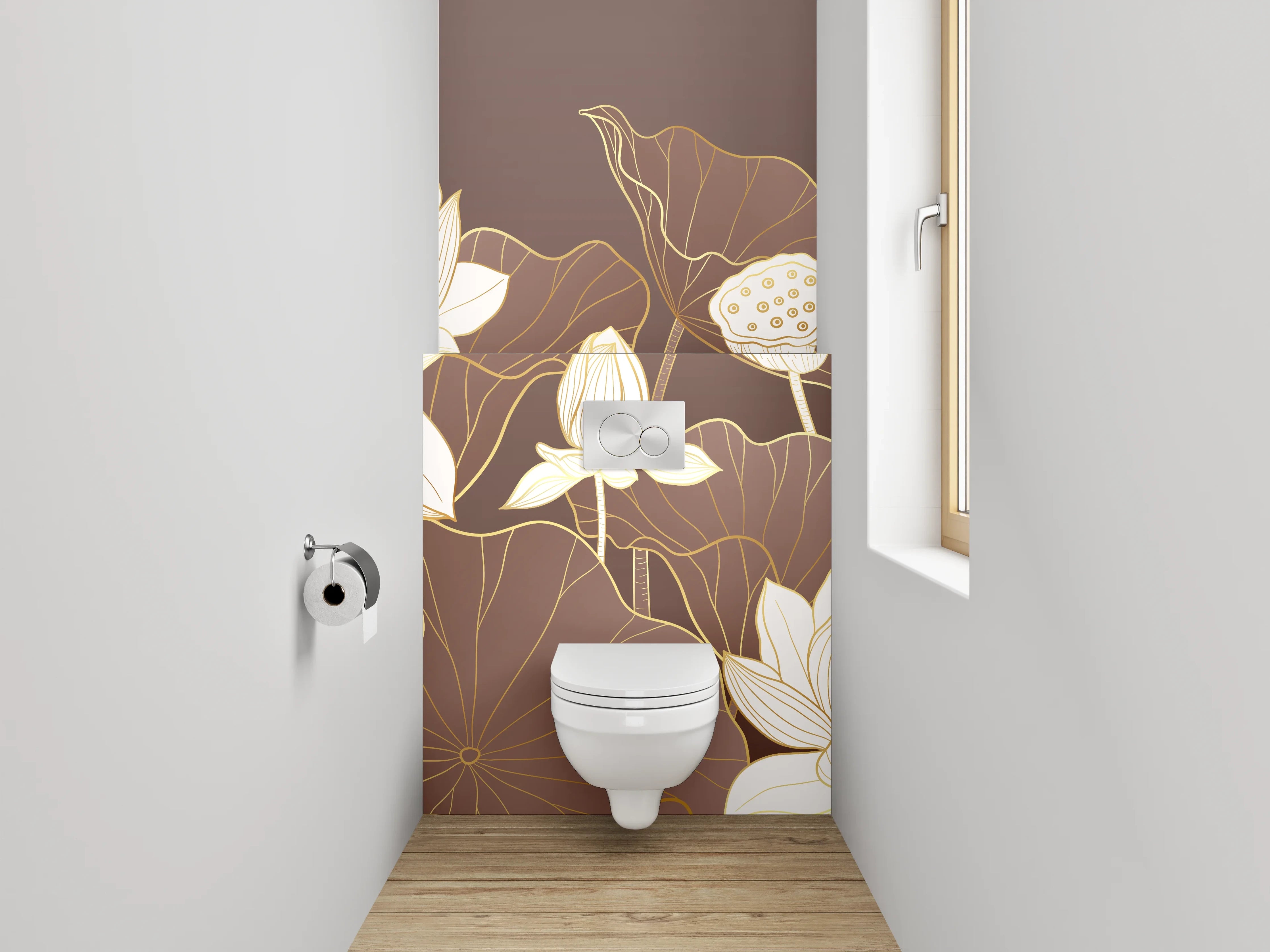 WC-Rückwand - Edles Lotusblumen-Design Braun Beige Gold
