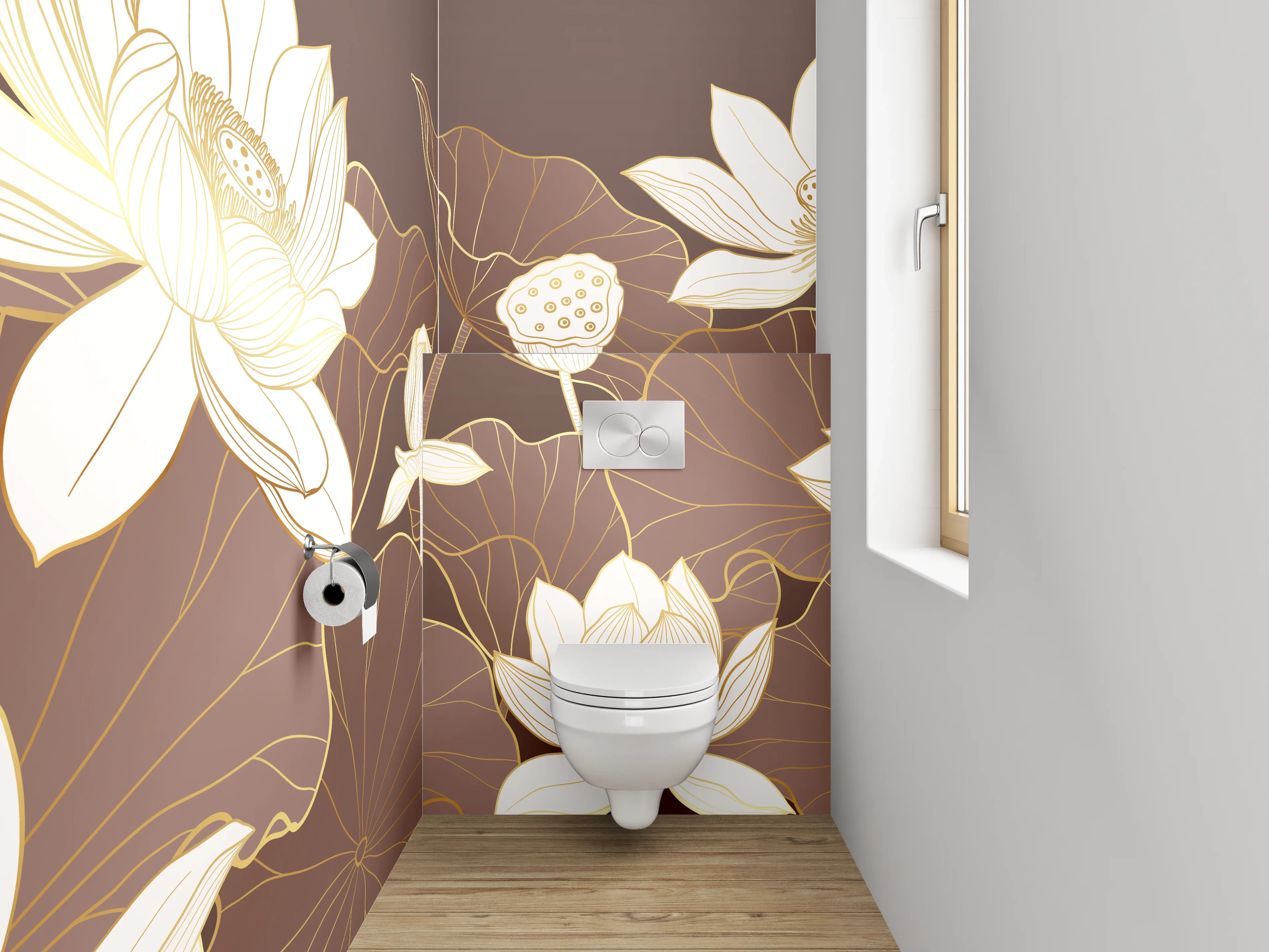 WC-Rückwand - Edles Lotusblumen-Design Braun Beige Gold