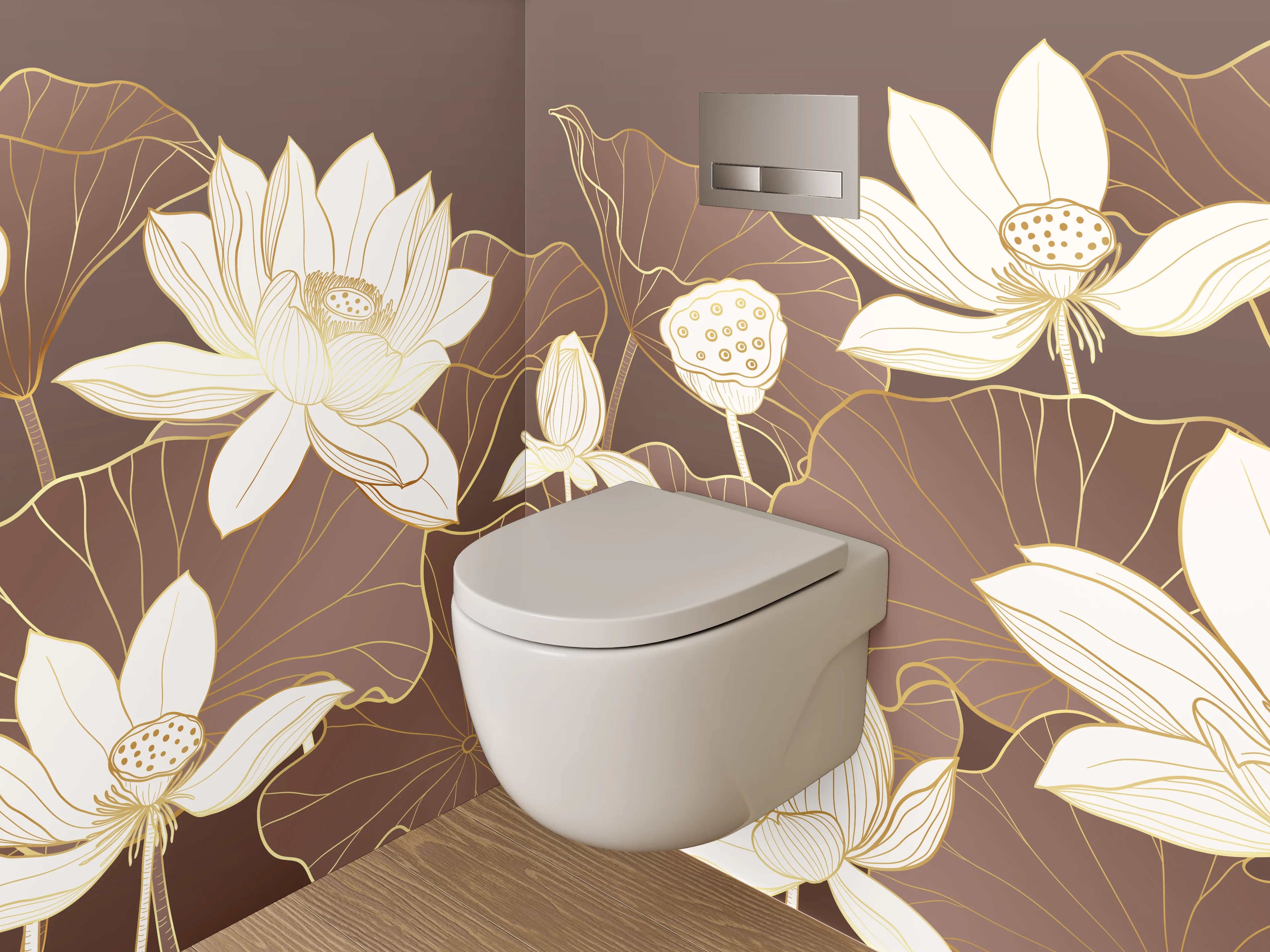 WC-Rückwand - Edles Lotusblumen-Design Braun Beige Gold