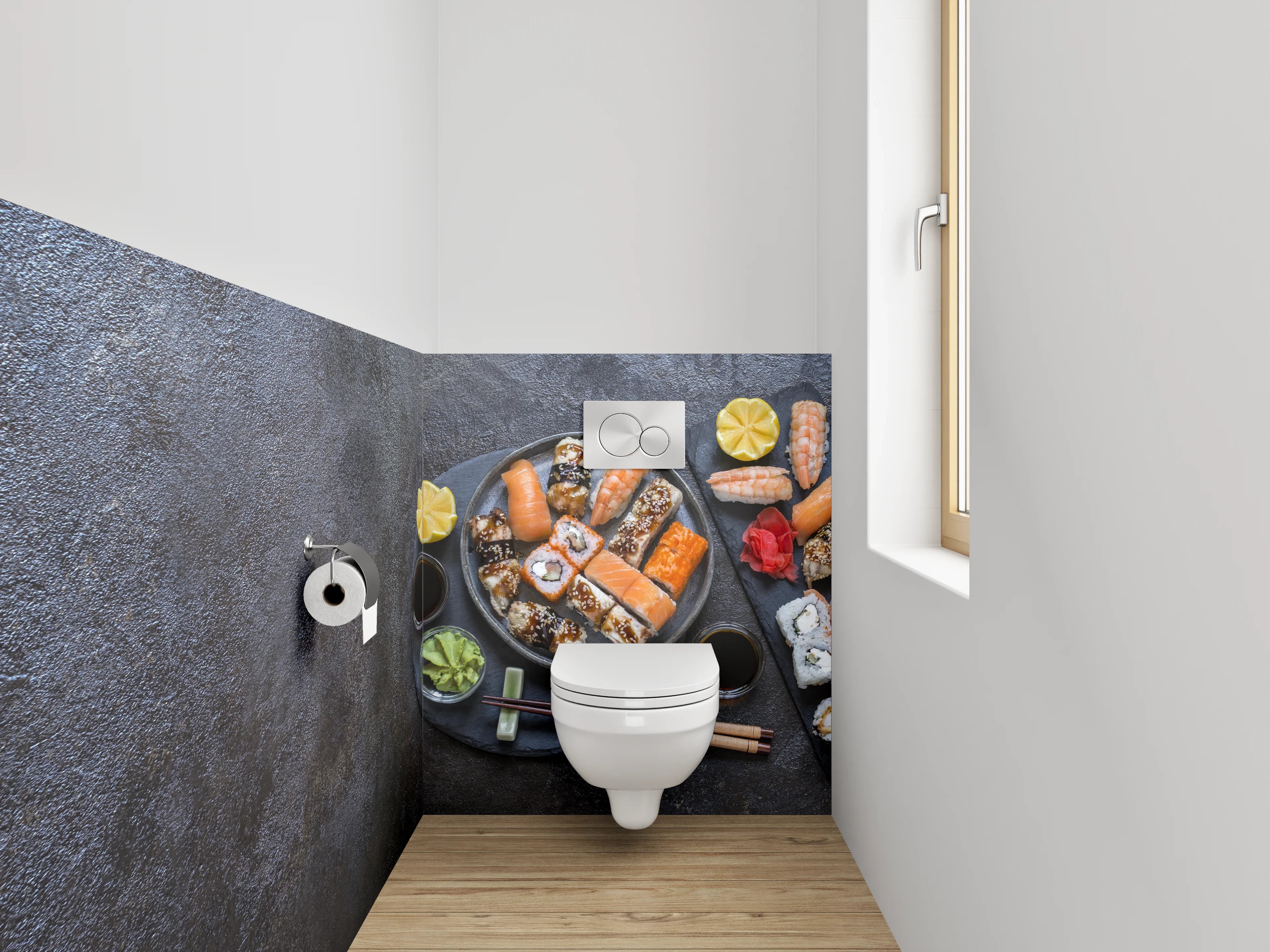 WC-Rückwand - Edles Sushi-Arrangement auf dunklem Stein