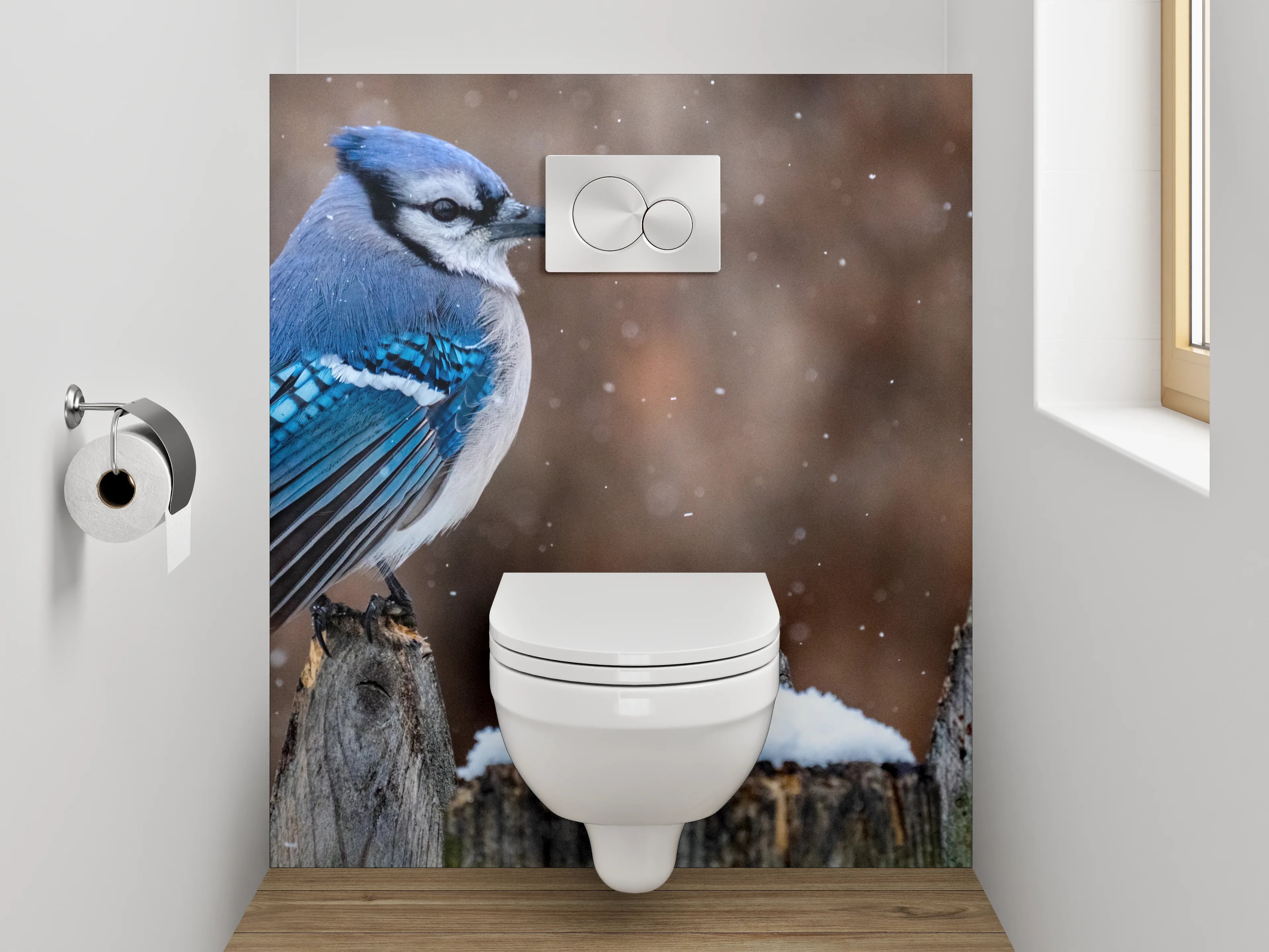 WC-Rückwand - Eichelhäher im Schnee – Wintervogel