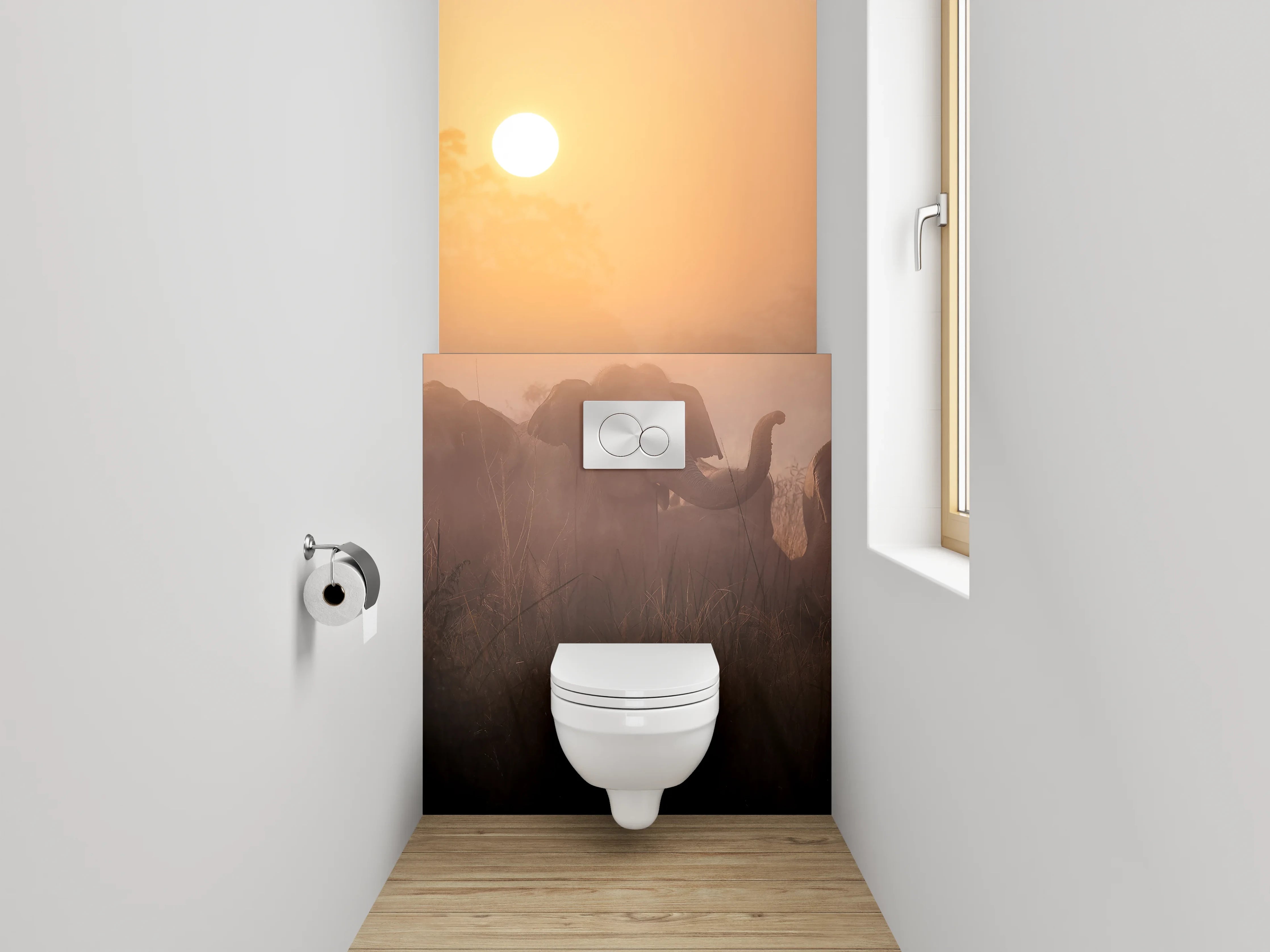 WC-Rückwand - Elefanten im Sonnenaufgang Savanne