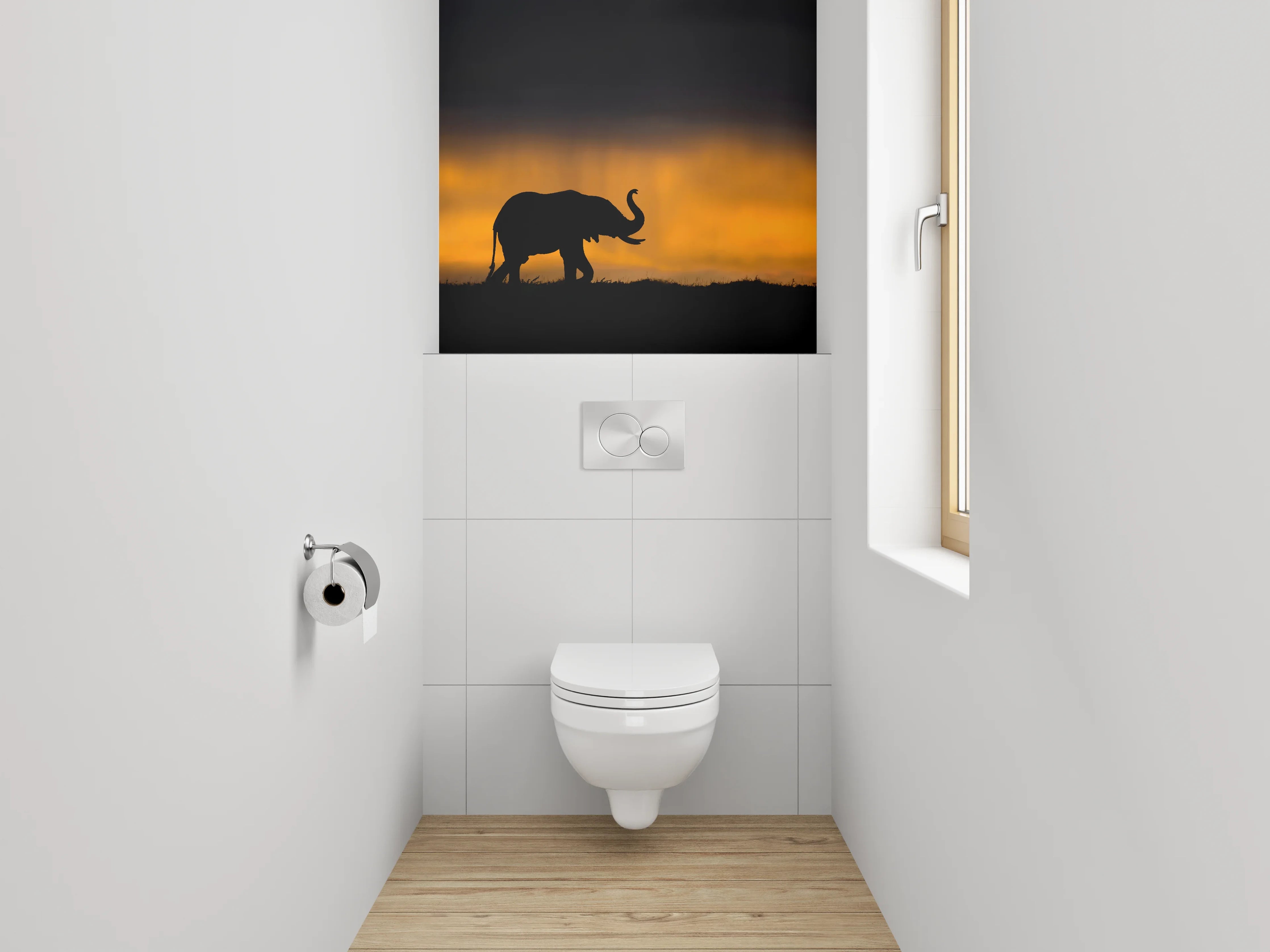 WC-Rückwand - Elefantensilhouette bei Sonnenuntergang
