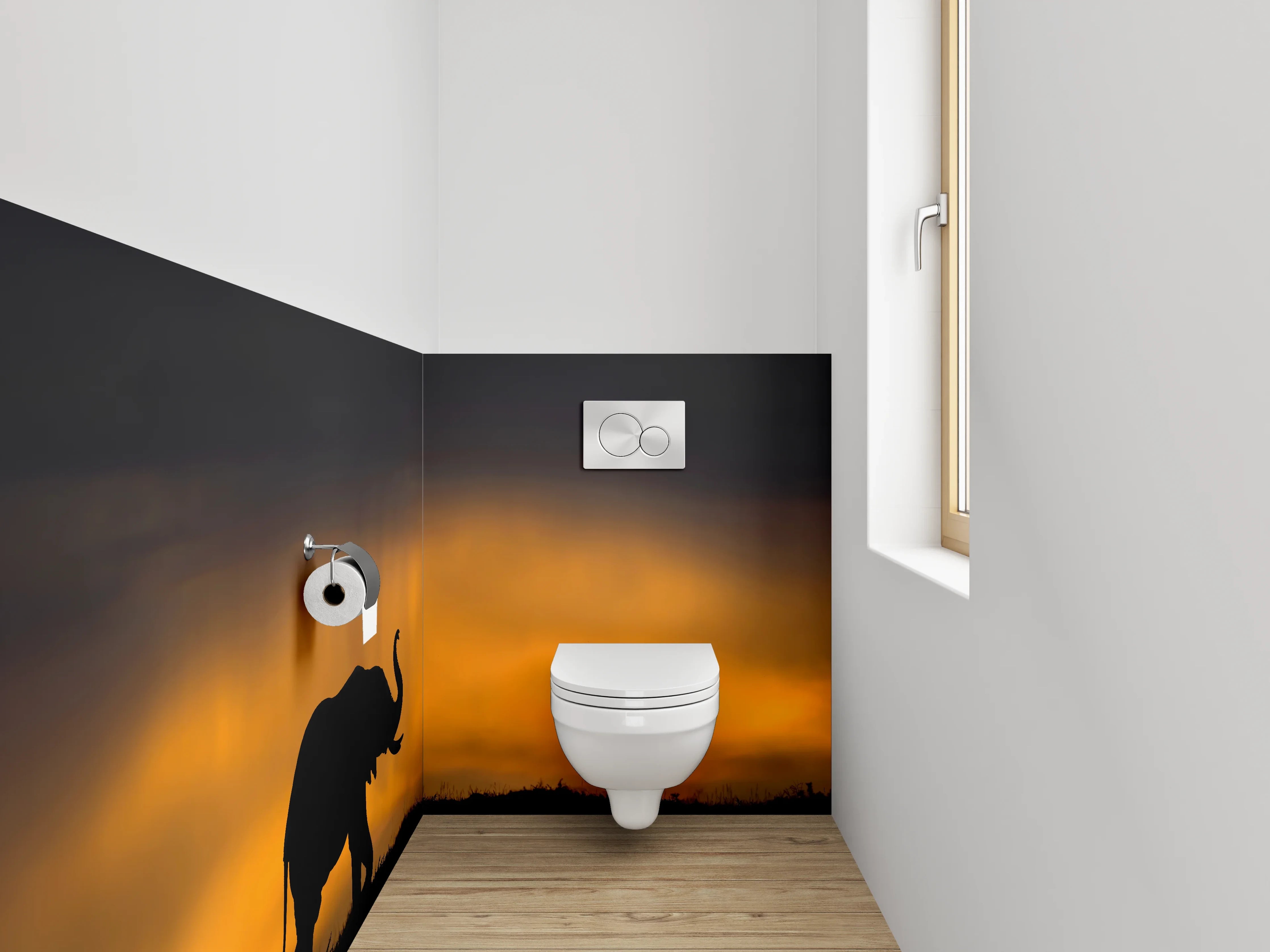WC-Rückwand - Elefantensilhouette bei Sonnenuntergang