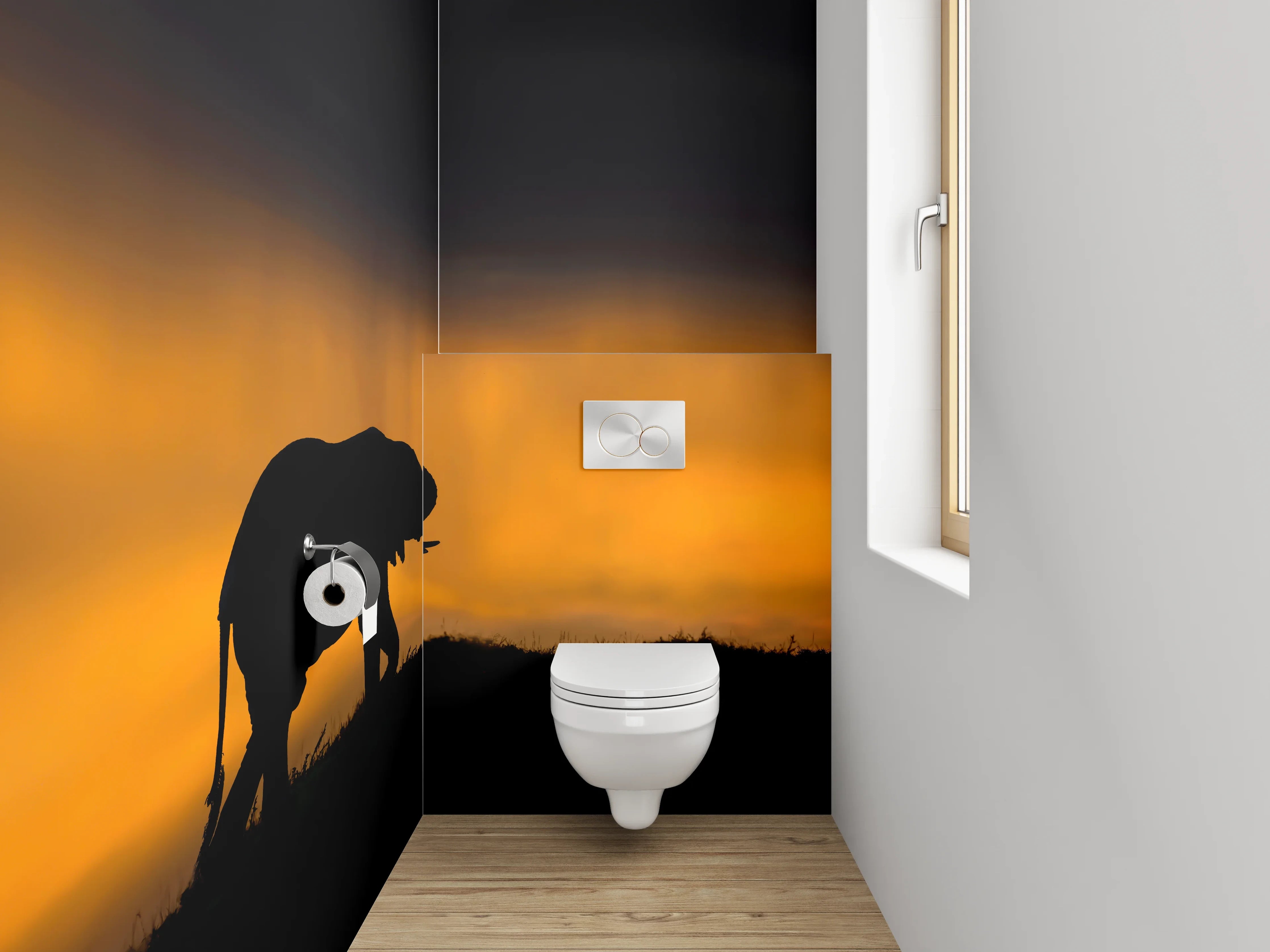 WC-Rückwand - Elefantensilhouette bei Sonnenuntergang