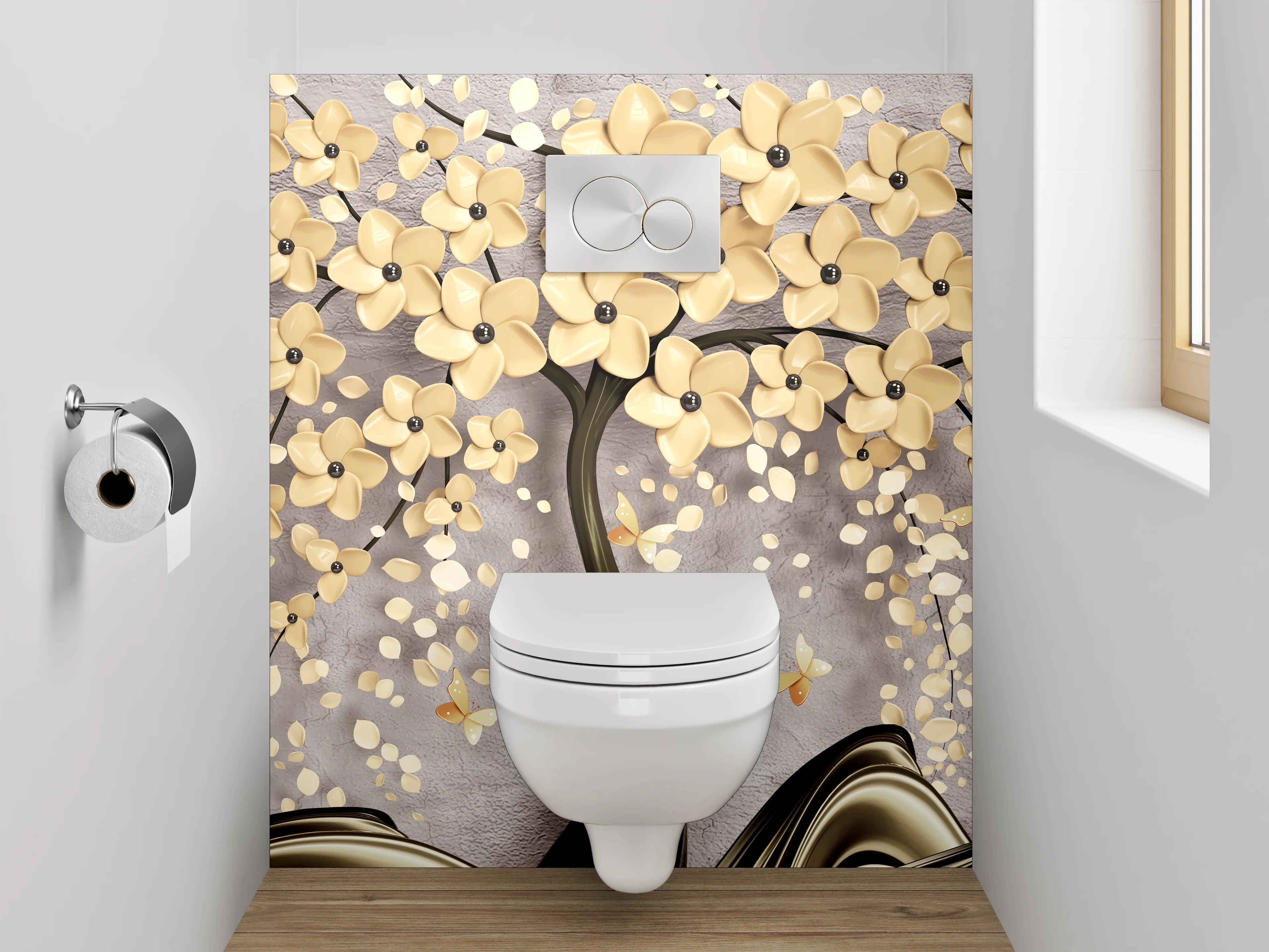 WC-Rückwand - Elegante 3D-Blütenbaum mit Rehen Motiv