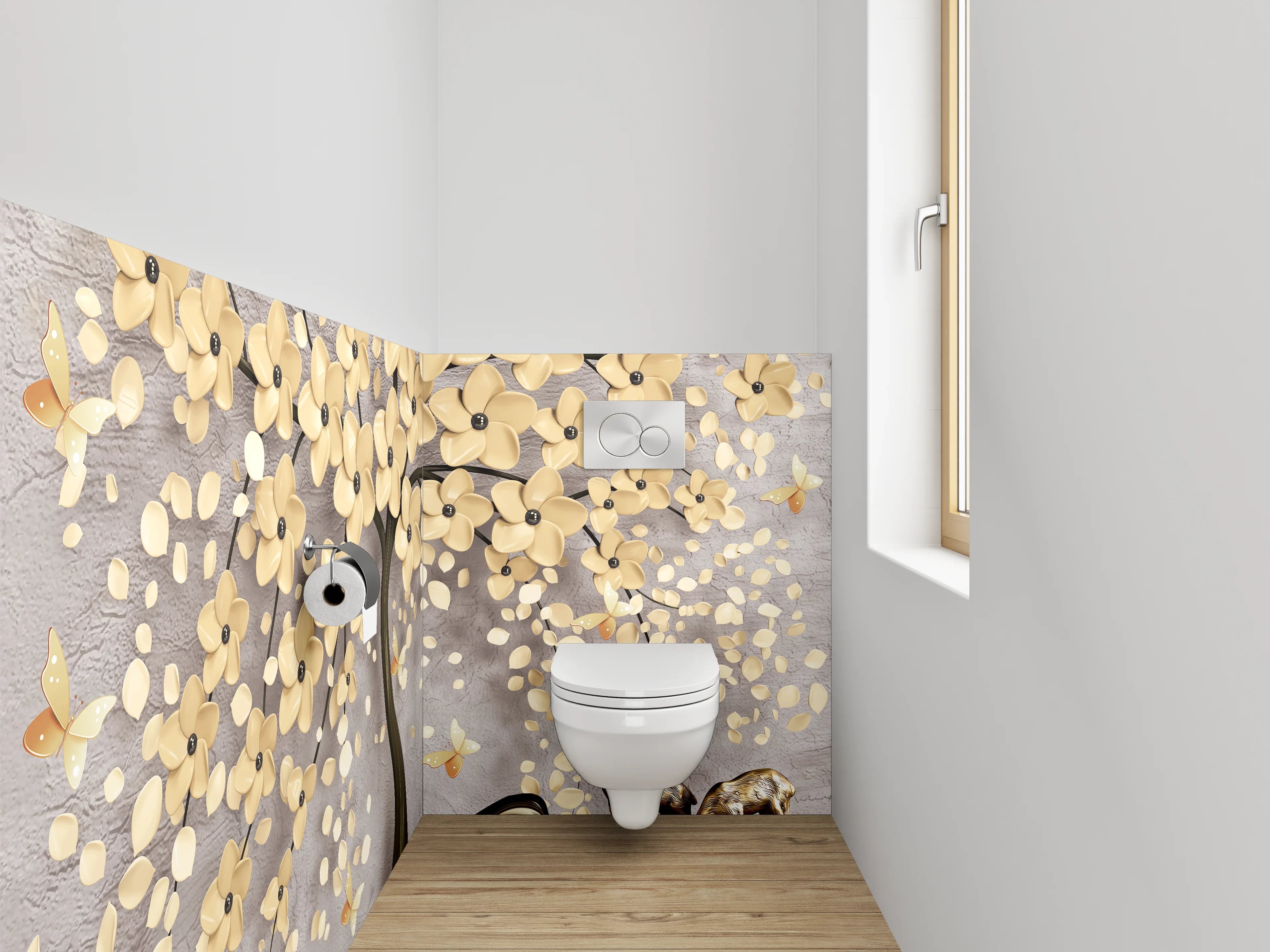 WC-Rückwand - Elegante 3D-Blütenbaum mit Rehen Motiv