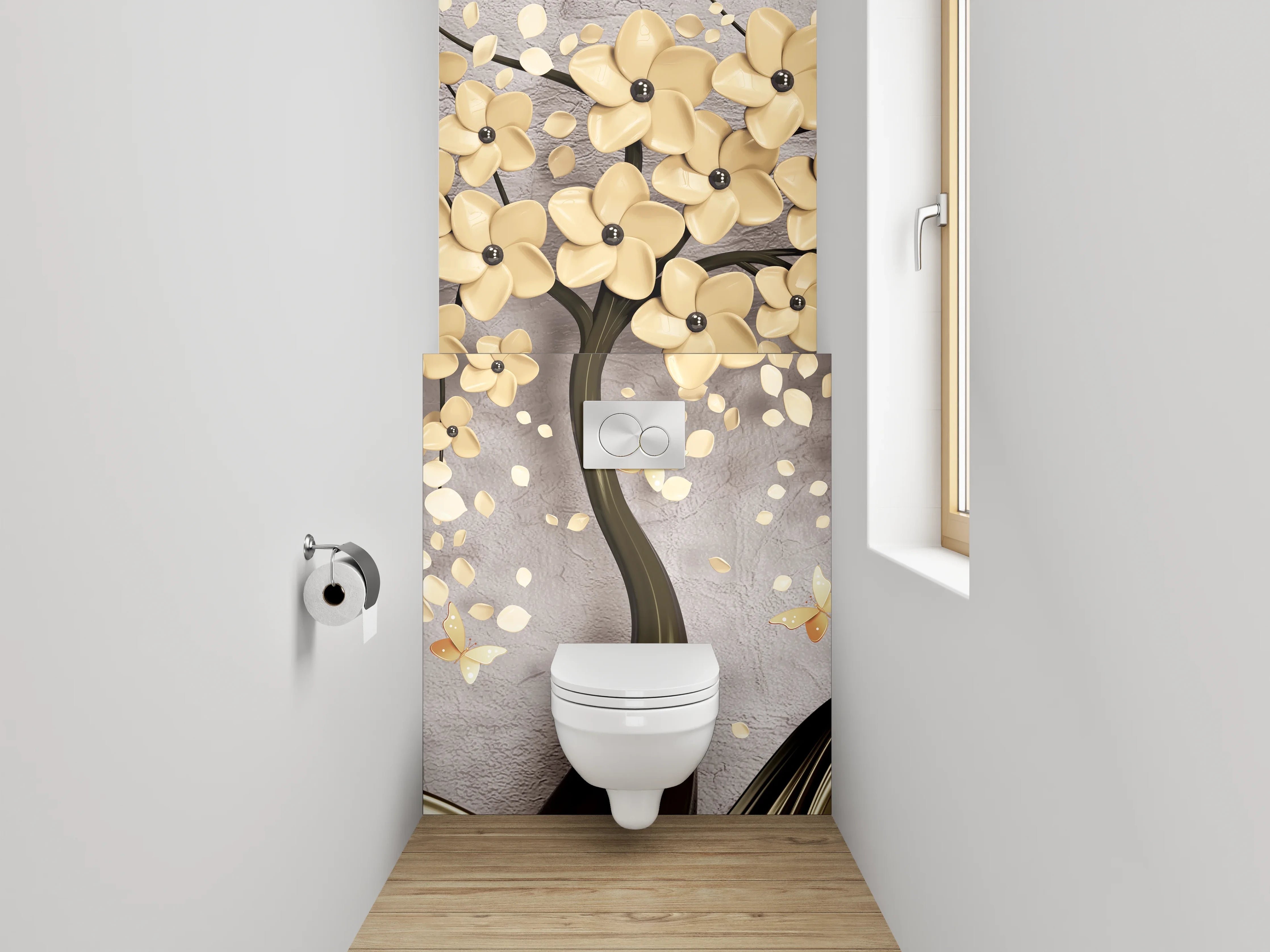 WC-Rückwand - Elegante 3D-Blütenbaum mit Rehen Motiv