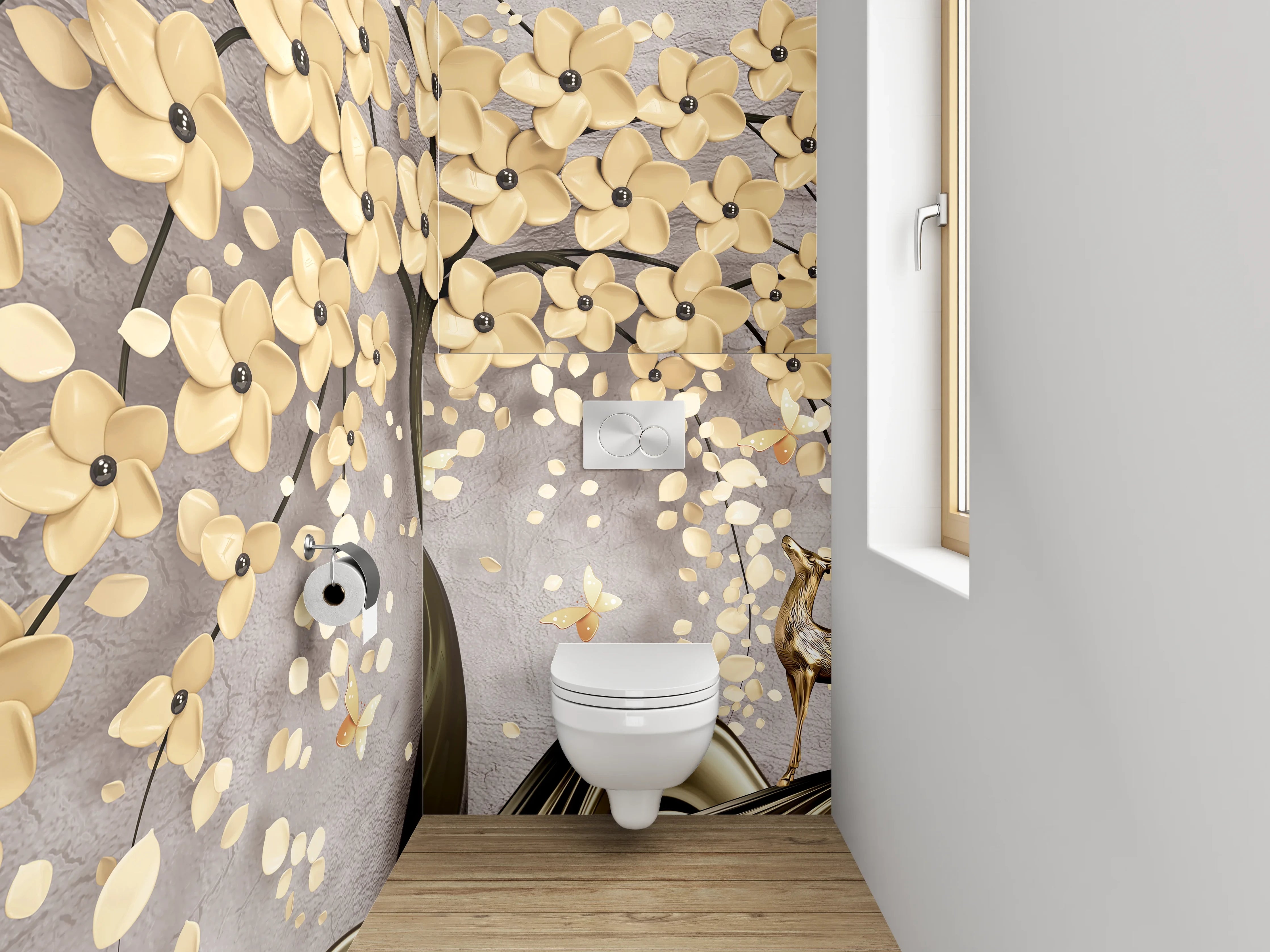WC-Rückwand - Elegante 3D-Blütenbaum mit Rehen Motiv
