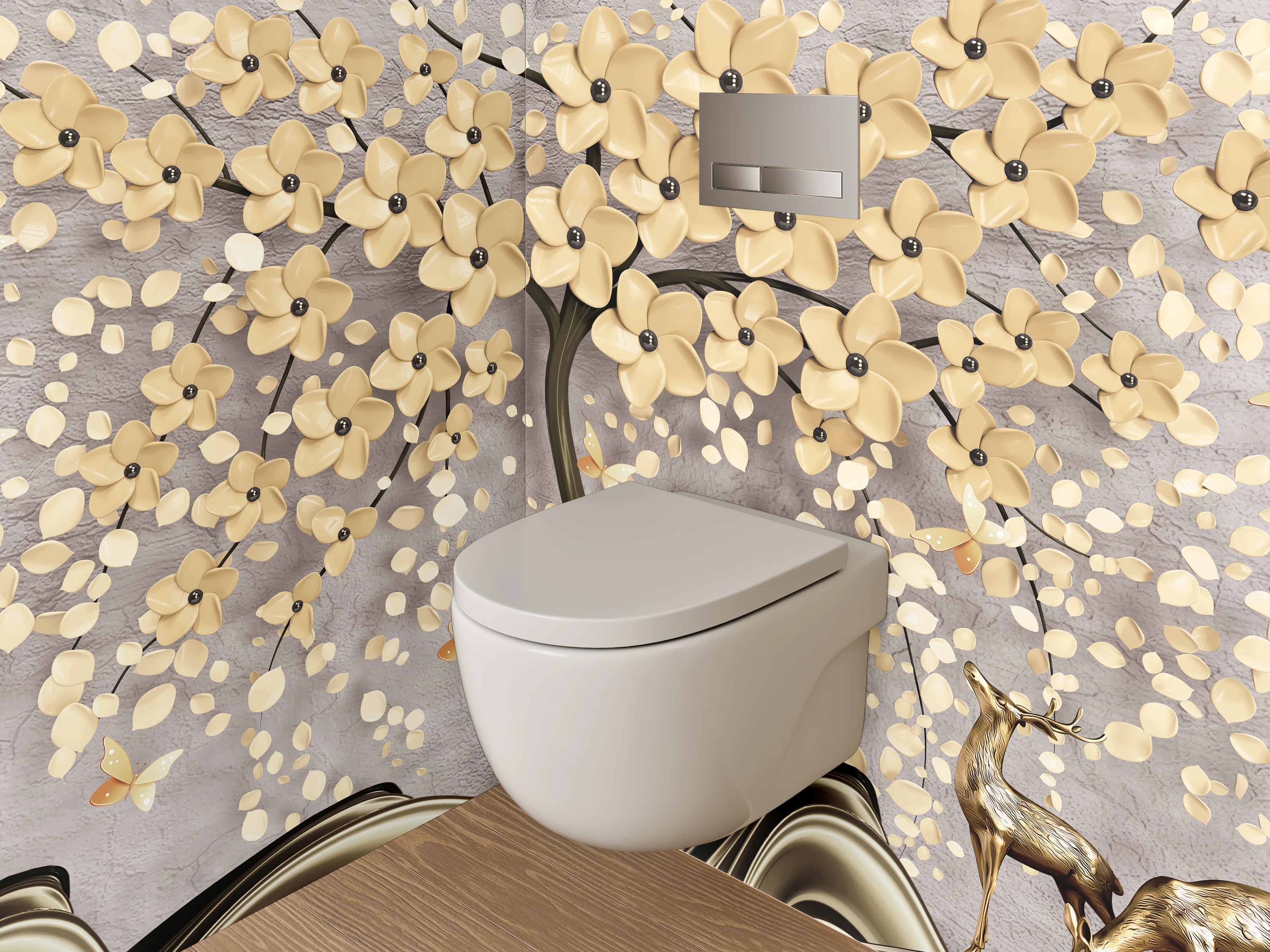 WC-Rückwand - Elegante 3D-Blütenbaum mit Rehen Motiv