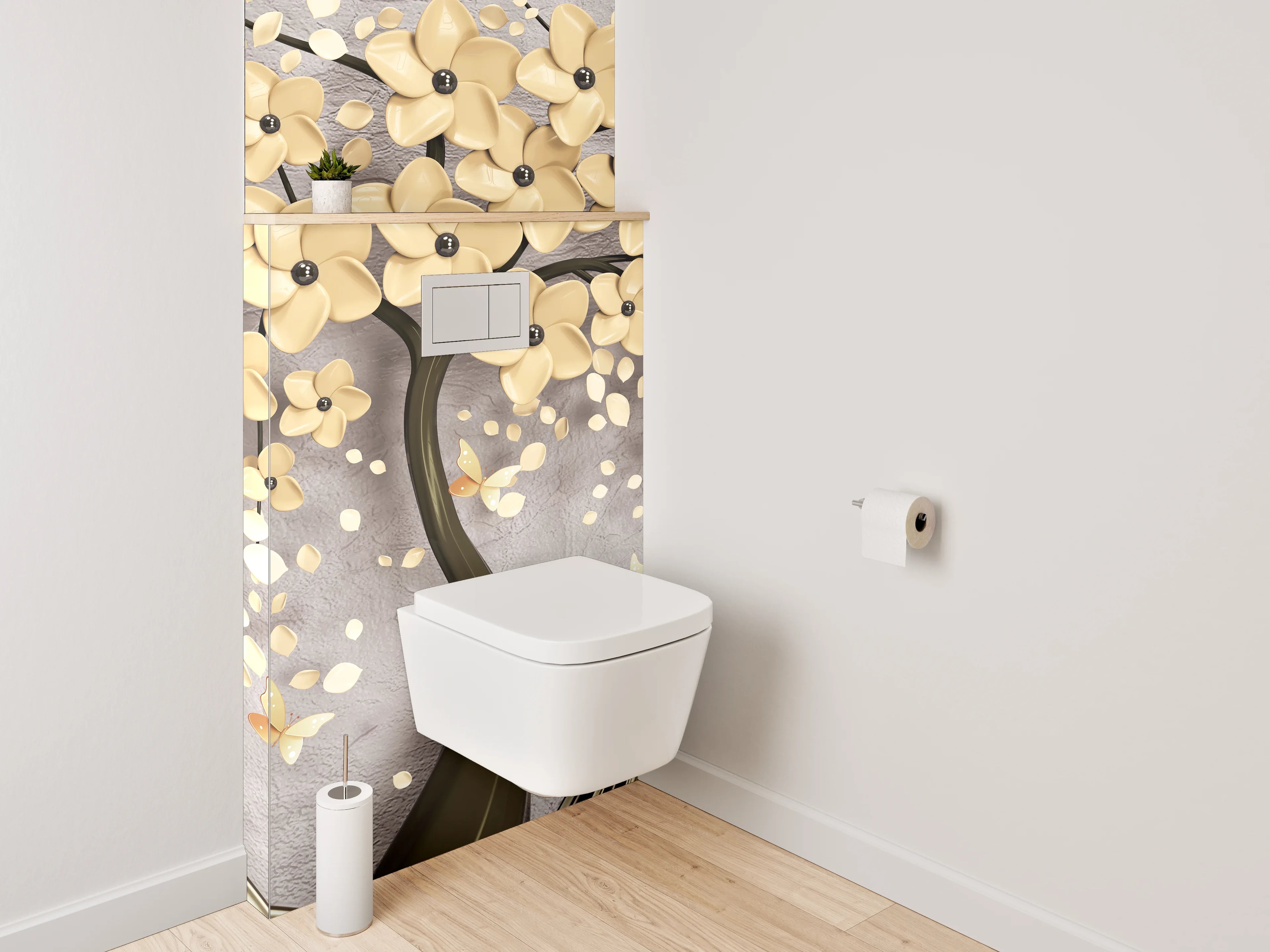 WC-Rückwand - Elegante 3D-Blütenbaum mit Rehen Motiv