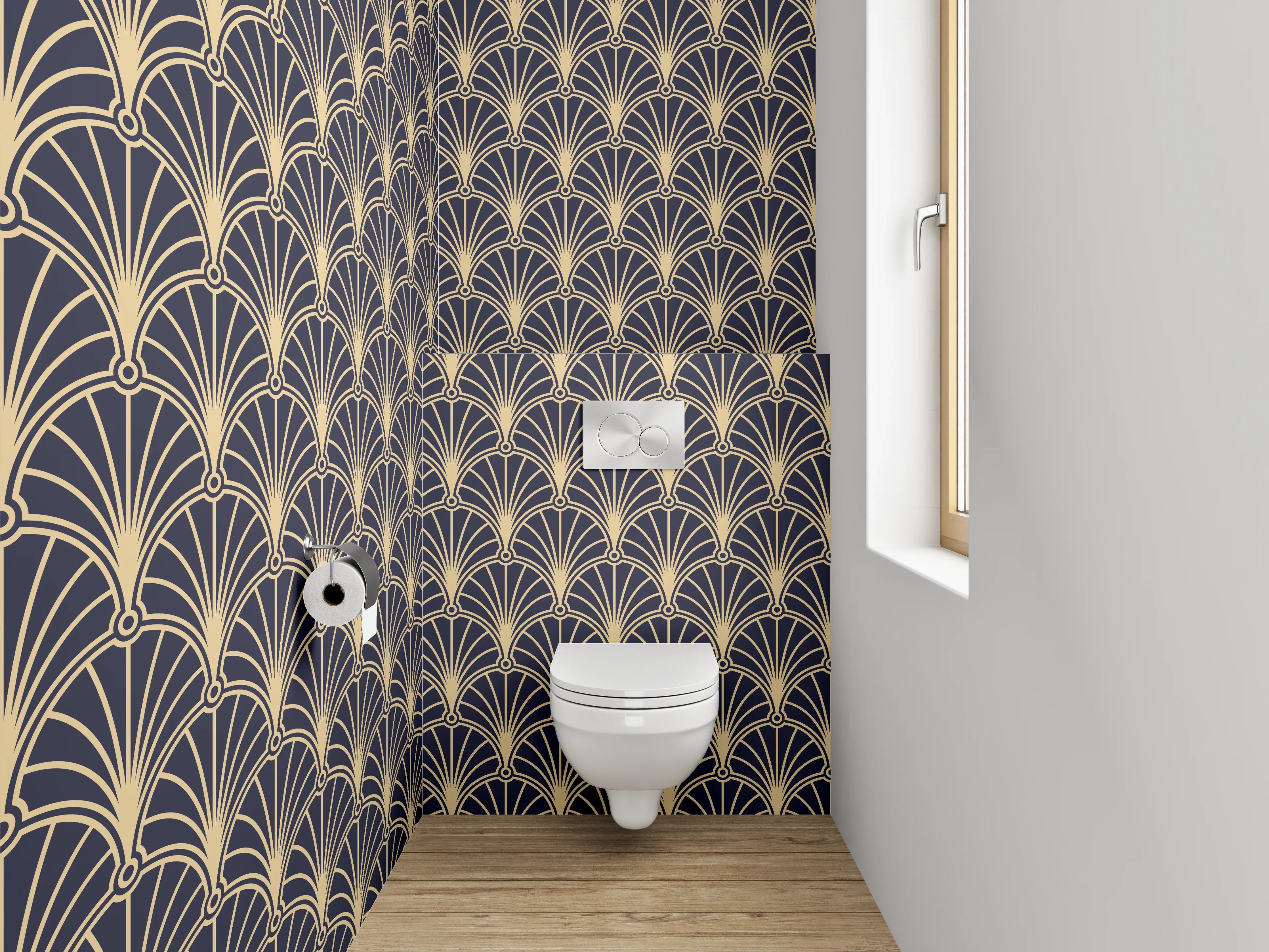 WC-Rückwand - Elegante Art-déco-Grafik in Schwarz, Gold und Grauweiß