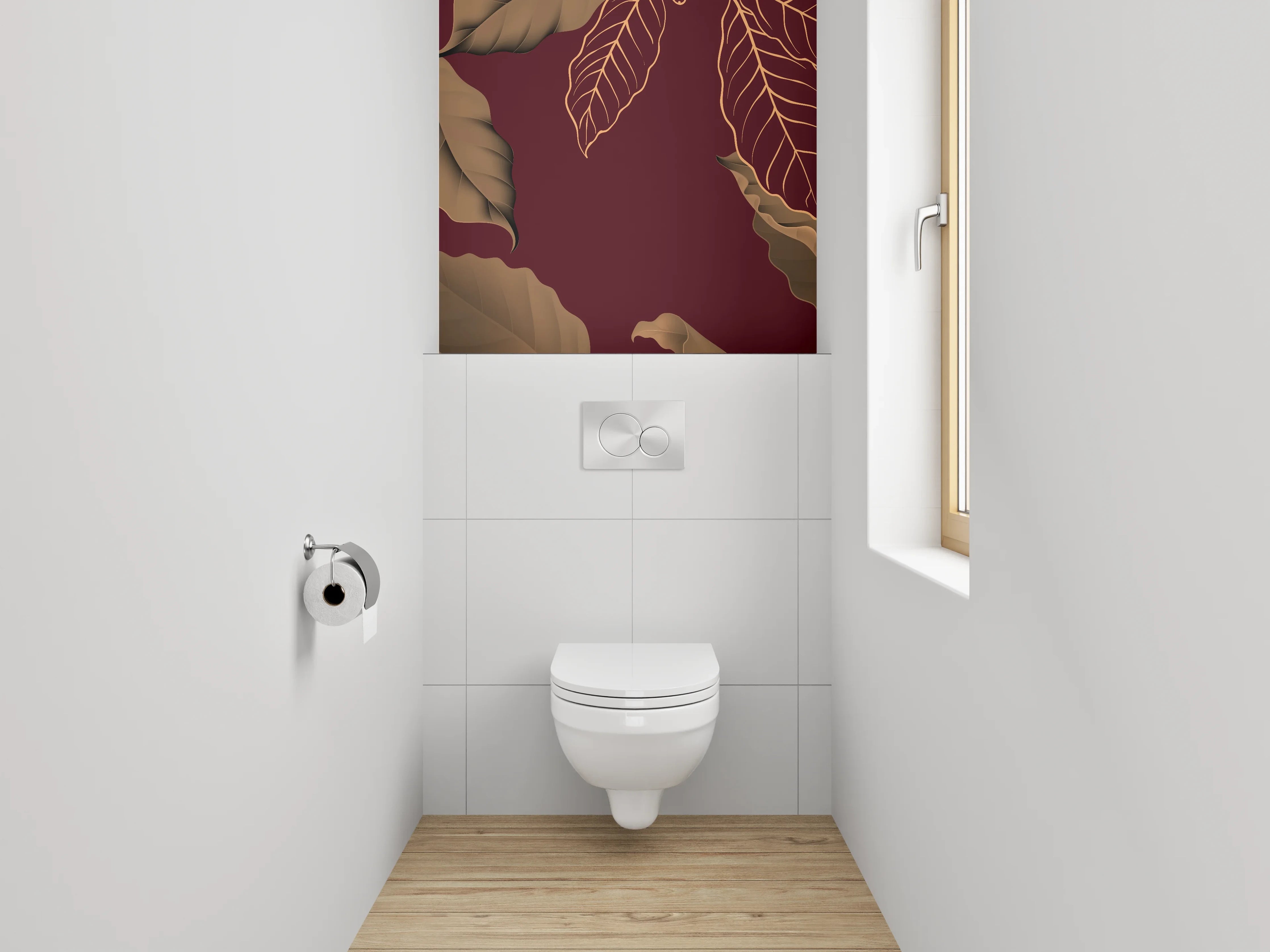 WC-Rückwand - Elegante Blätter auf Bordeauxrot