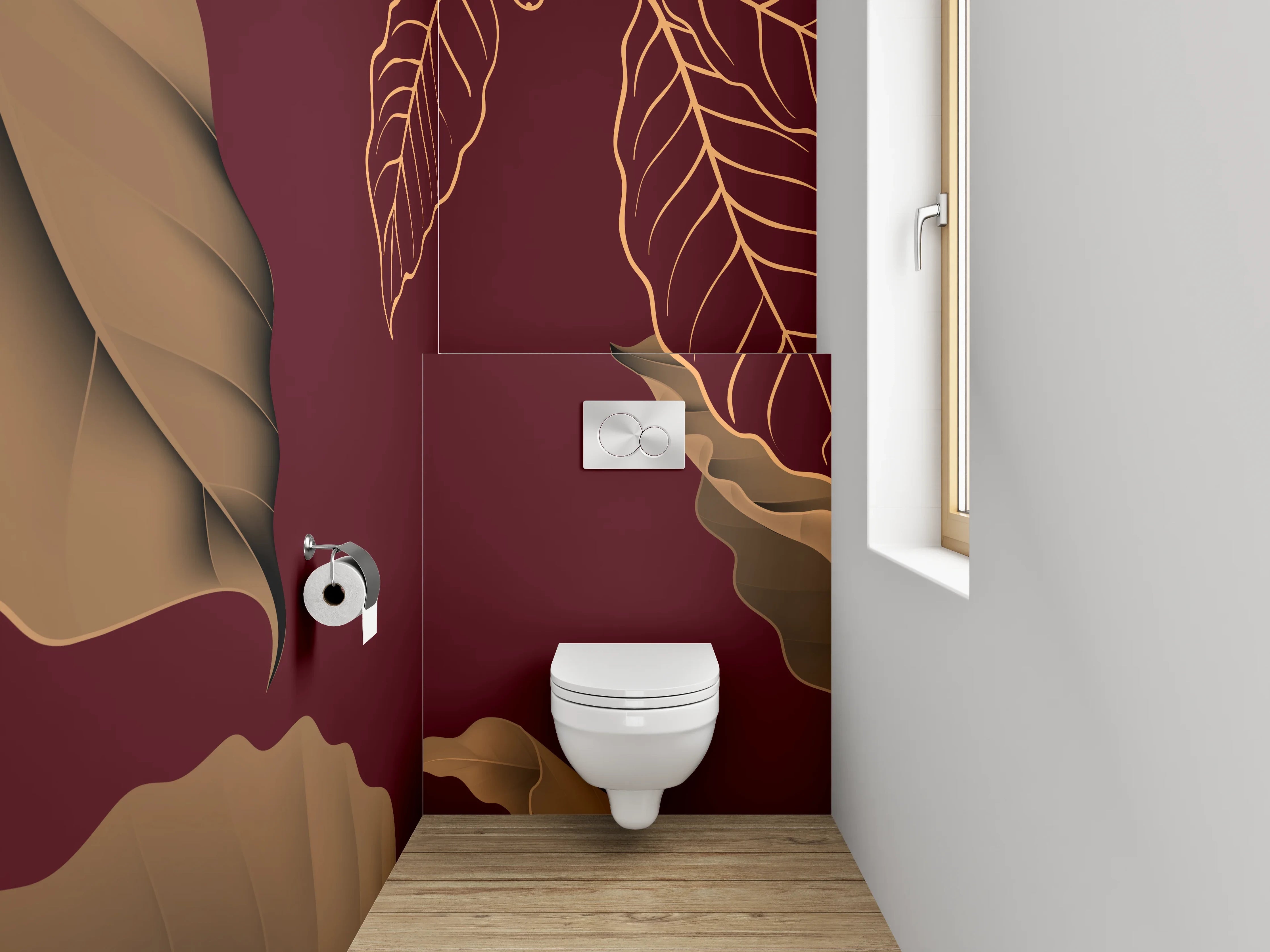 WC-Rückwand - Elegante Blätter auf Bordeauxrot