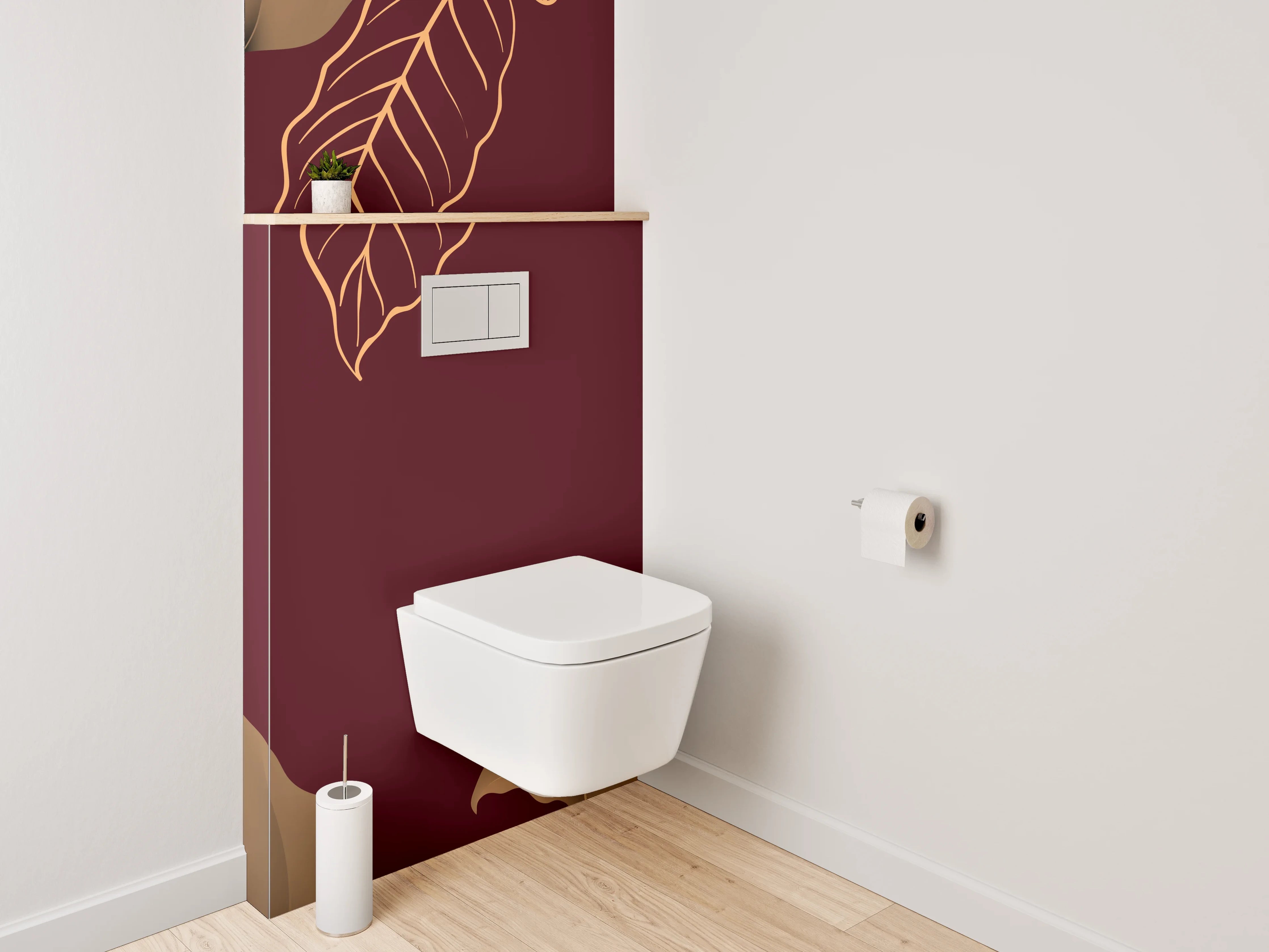 WC-Rückwand - Elegante Blätter auf Bordeauxrot