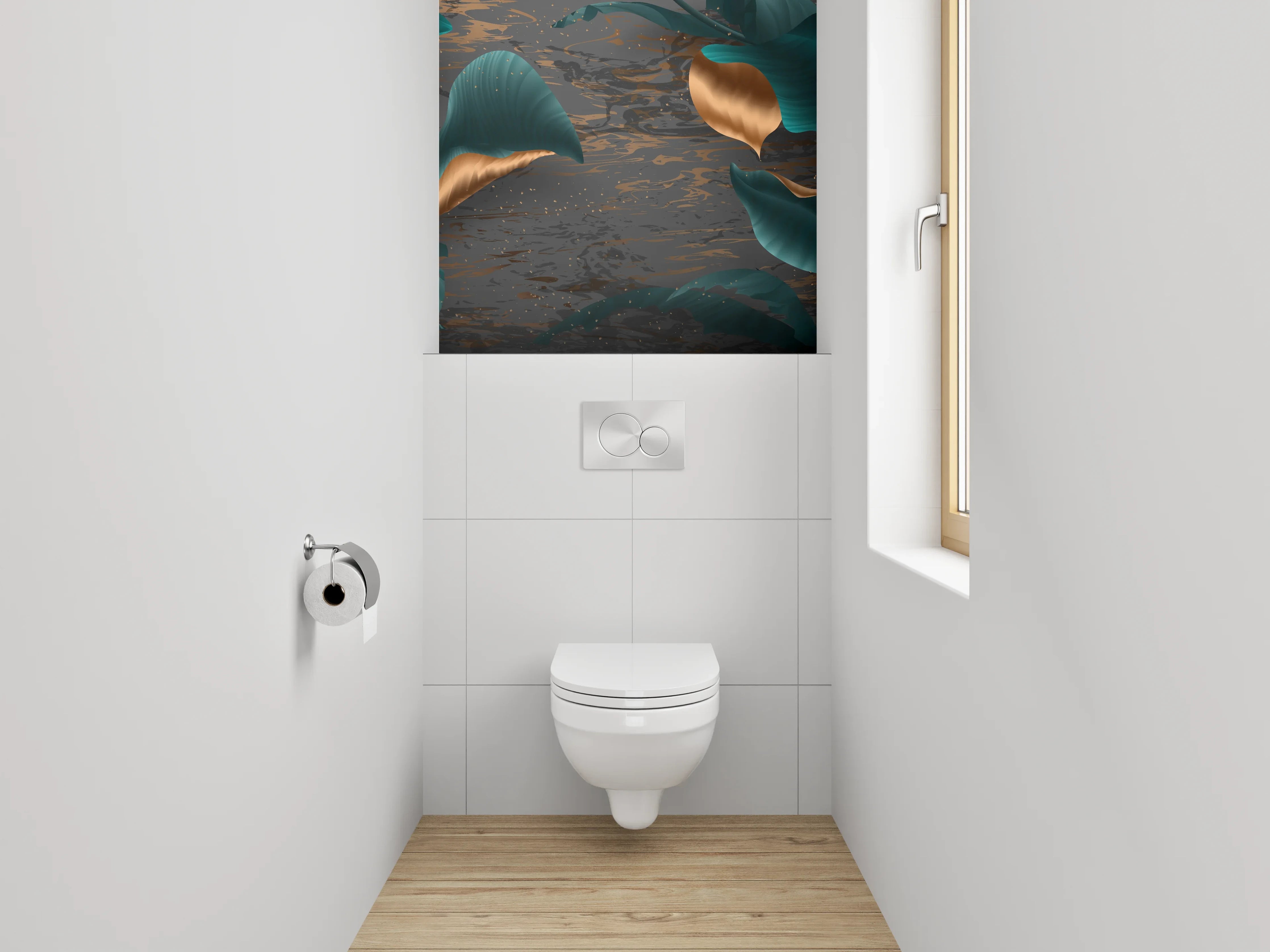 WC-Rückwand - Elegante Blätter in Gold und Türkis