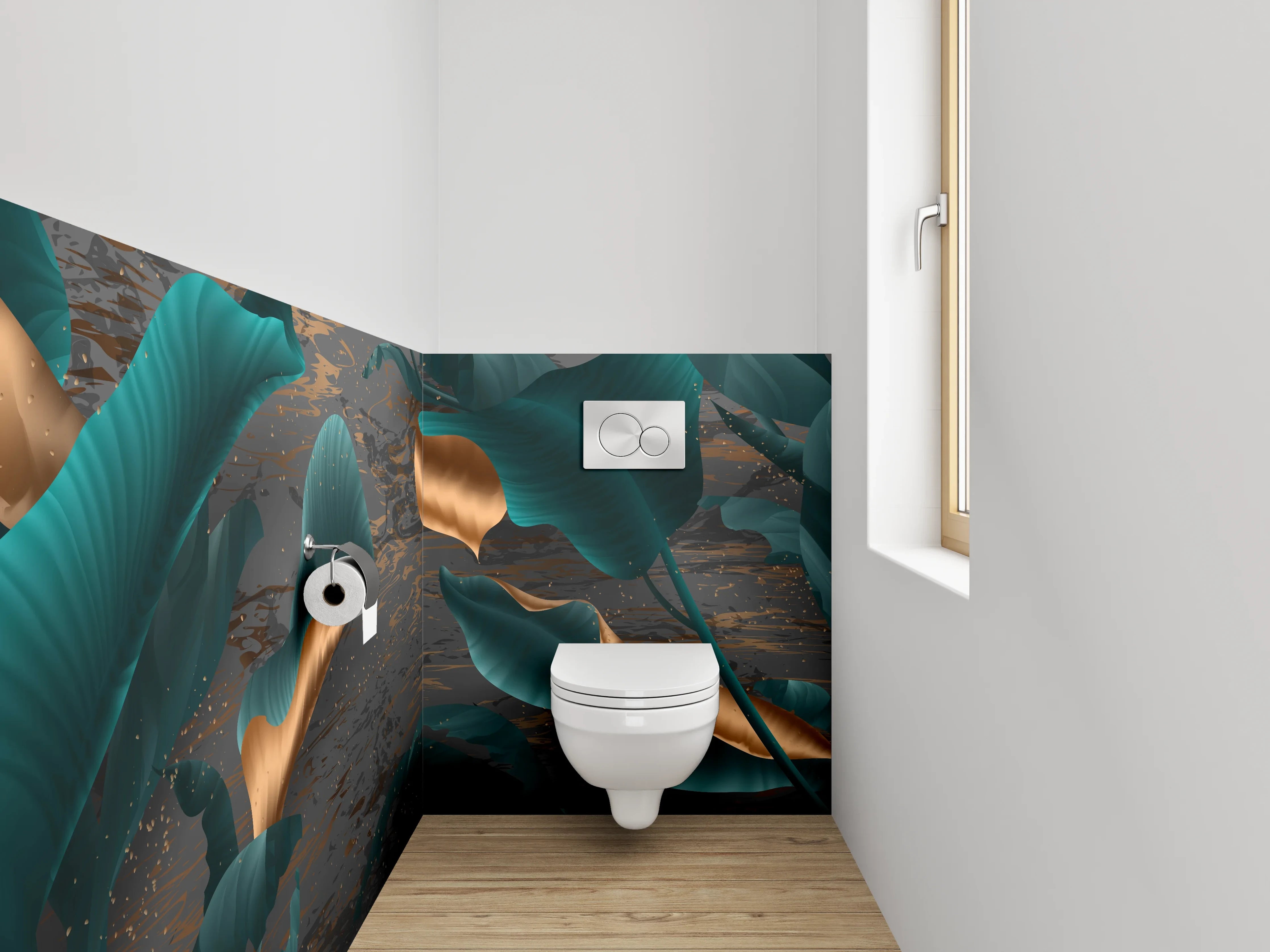 WC-Rückwand - Elegante Blätter in Gold und Türkis
