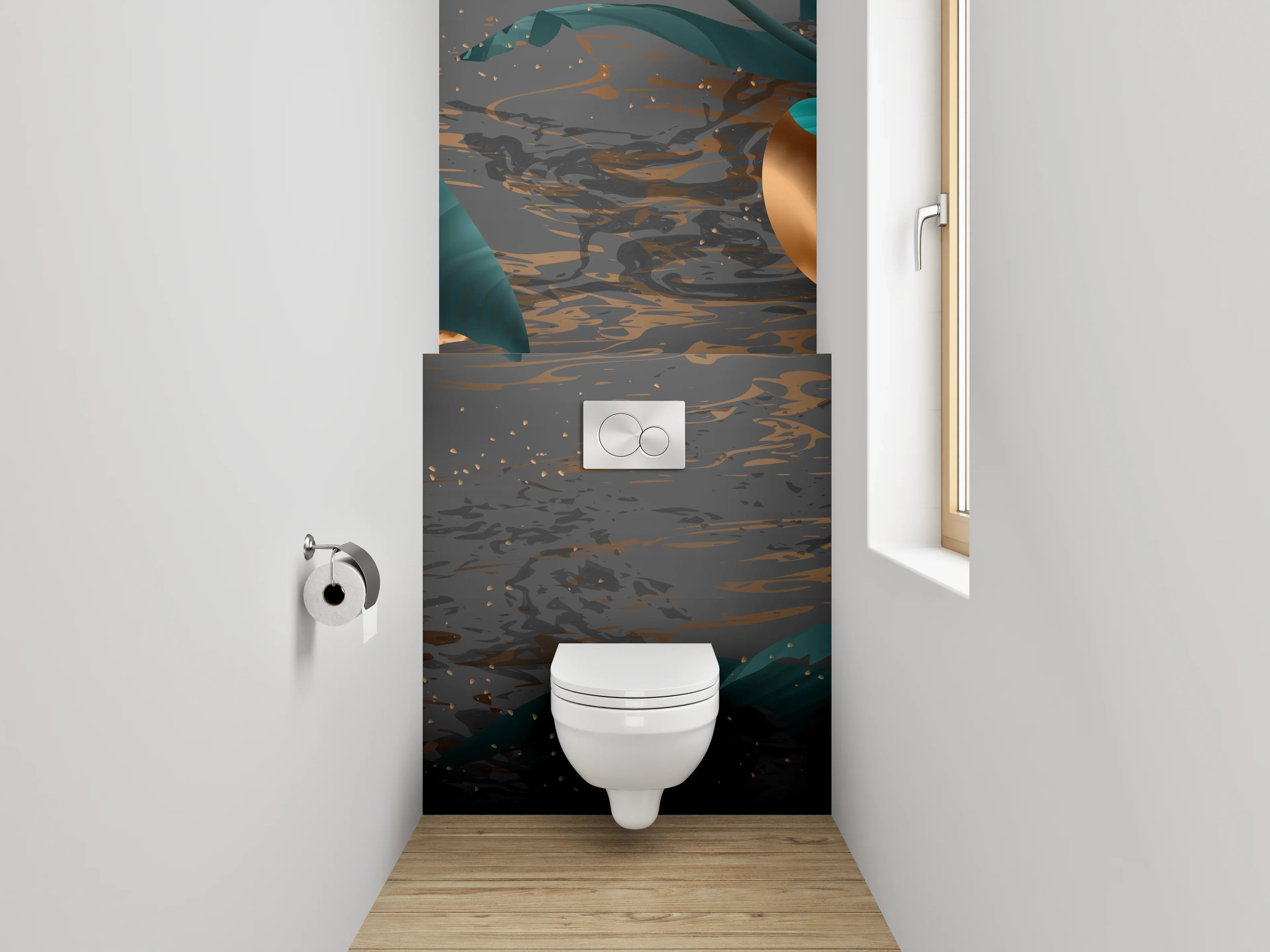 WC-Rückwand - Elegante Blätter in Gold und Türkis
