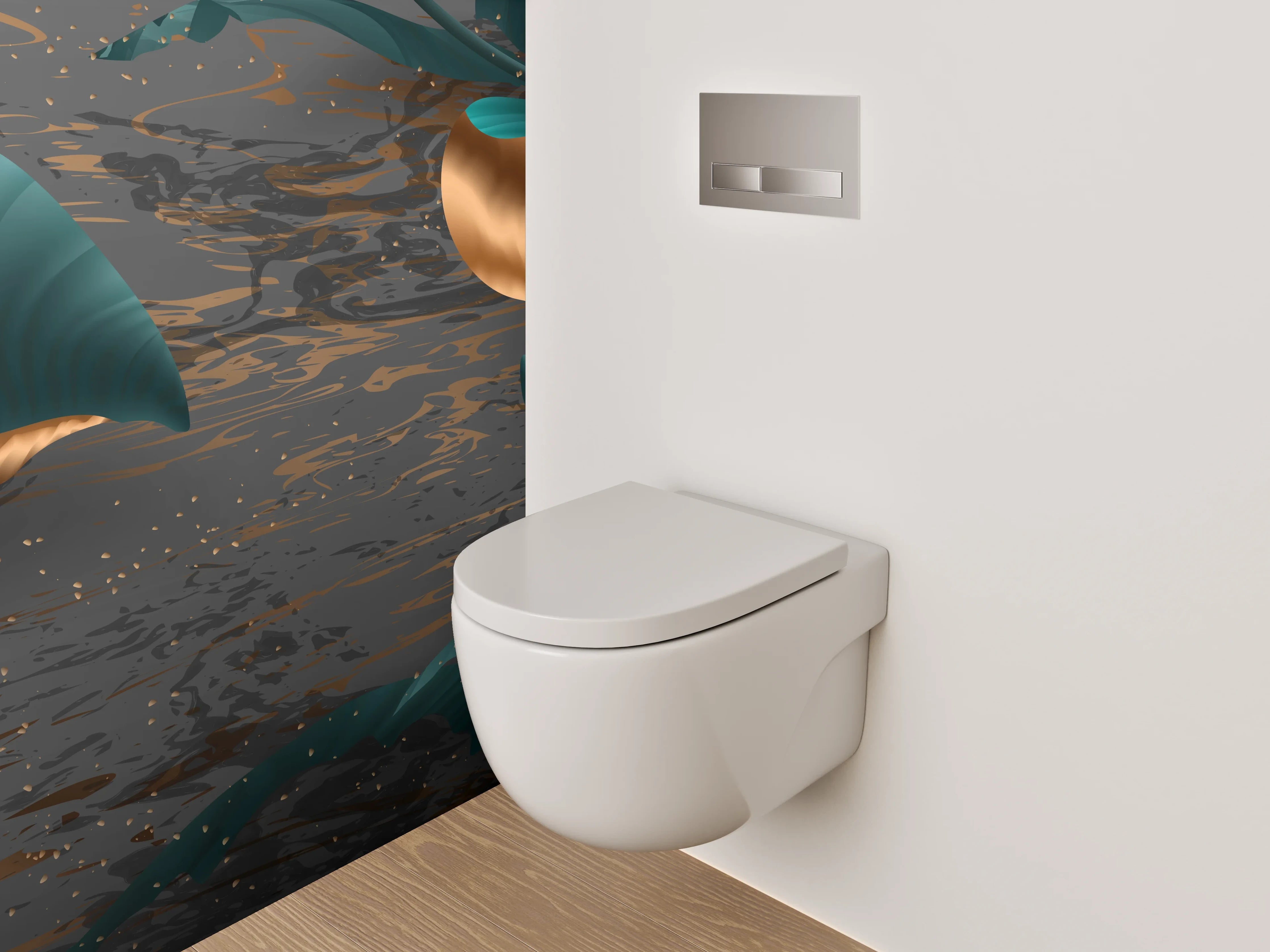 WC-Rückwand - Elegante Blätter in Gold und Türkis