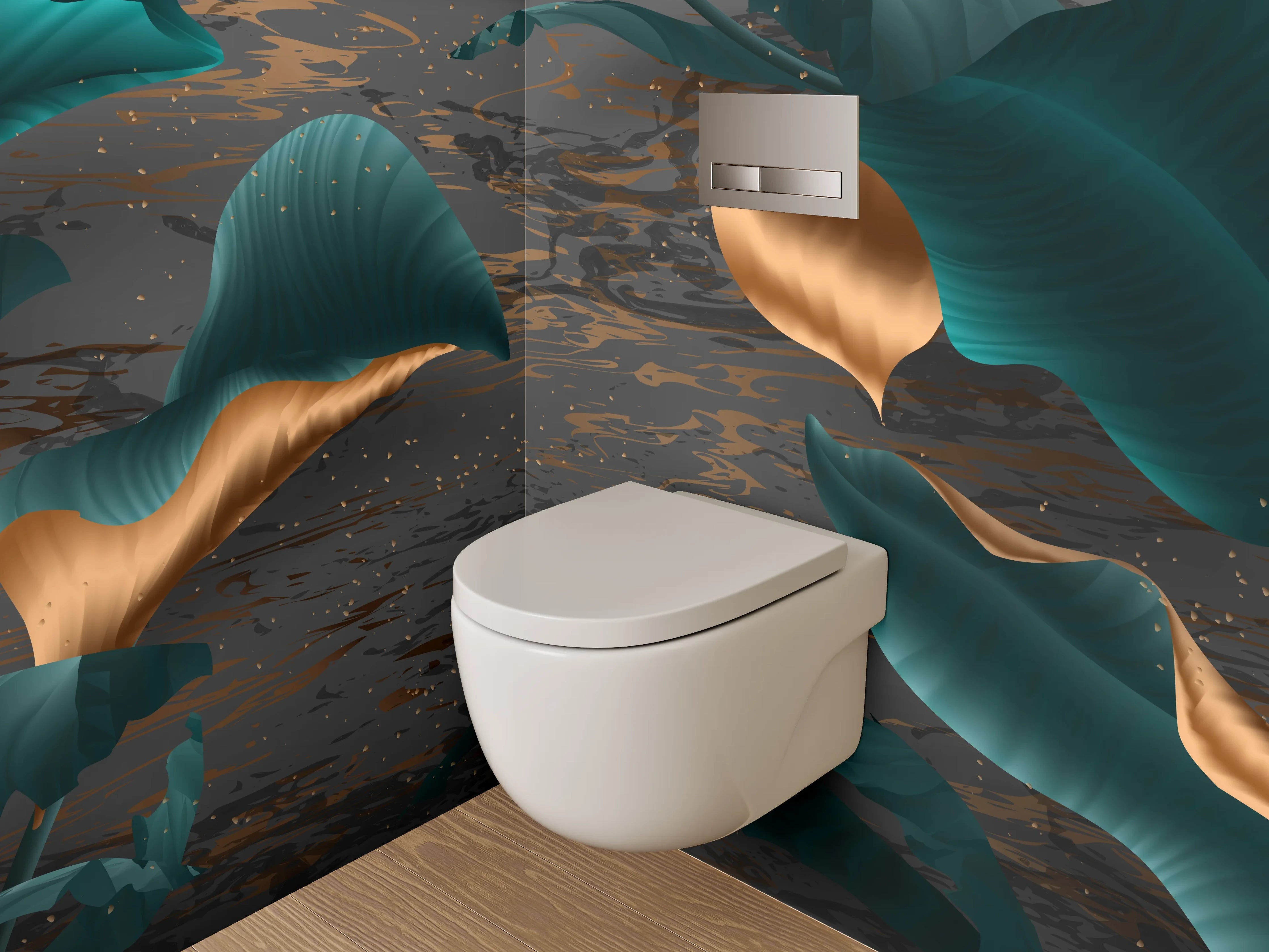 WC-Rückwand - Elegante Blätter in Gold und Türkis