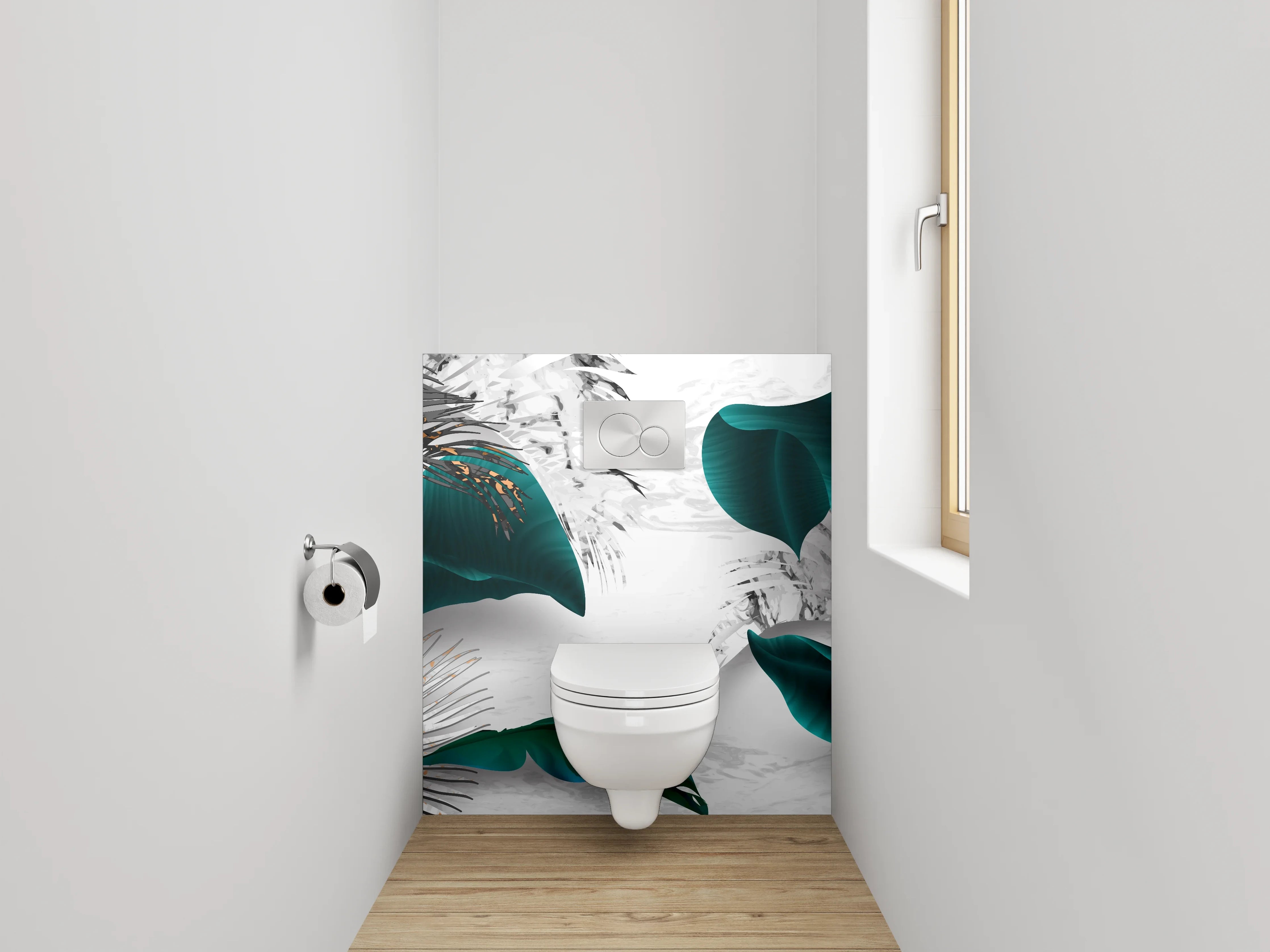 WC-Rückwand - Elegante Blattgold-Kunst auf Weiß