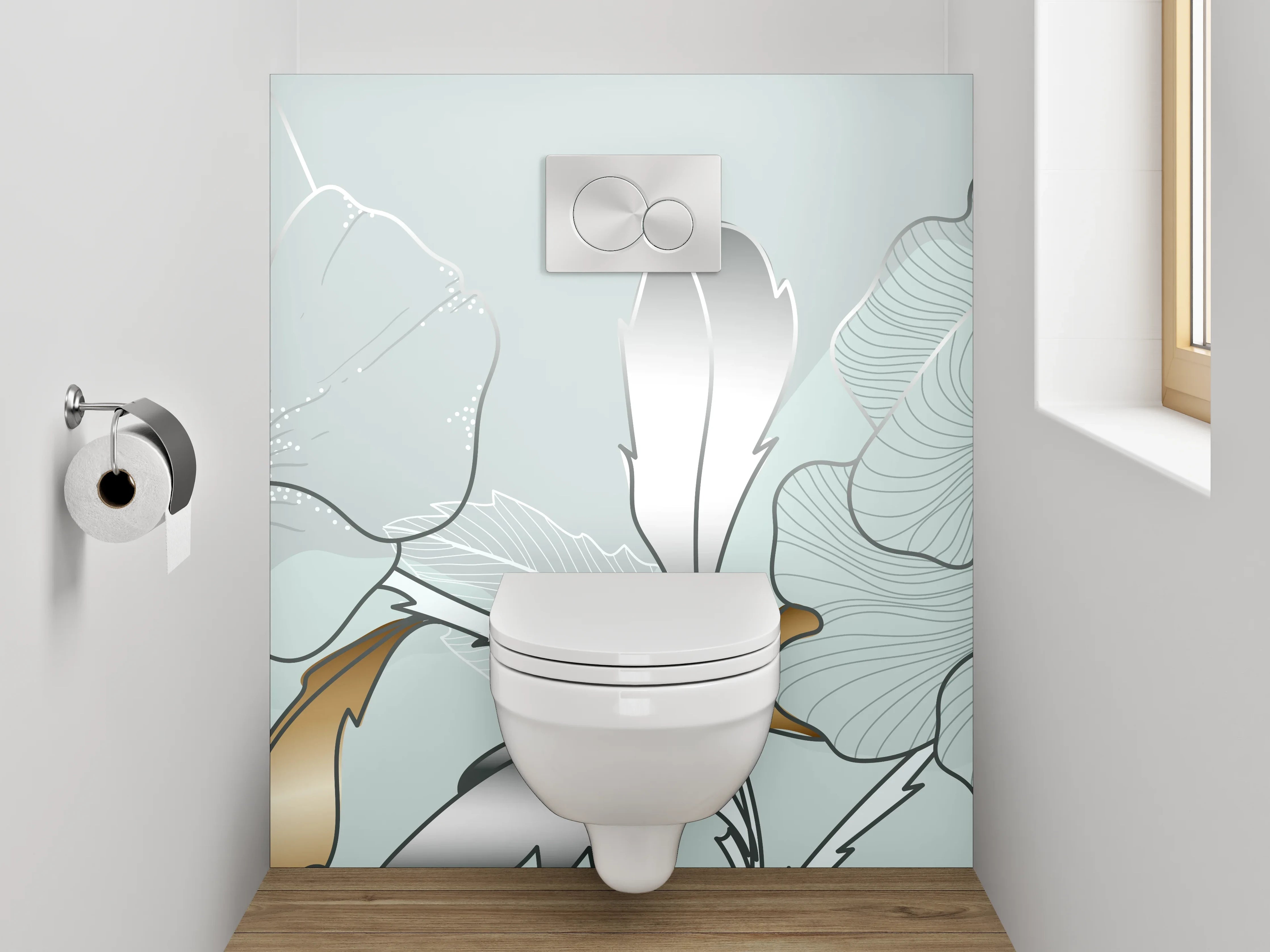 WC-Rückwand - Elegante Blumen-Lineart auf Metallic-Hintergrund