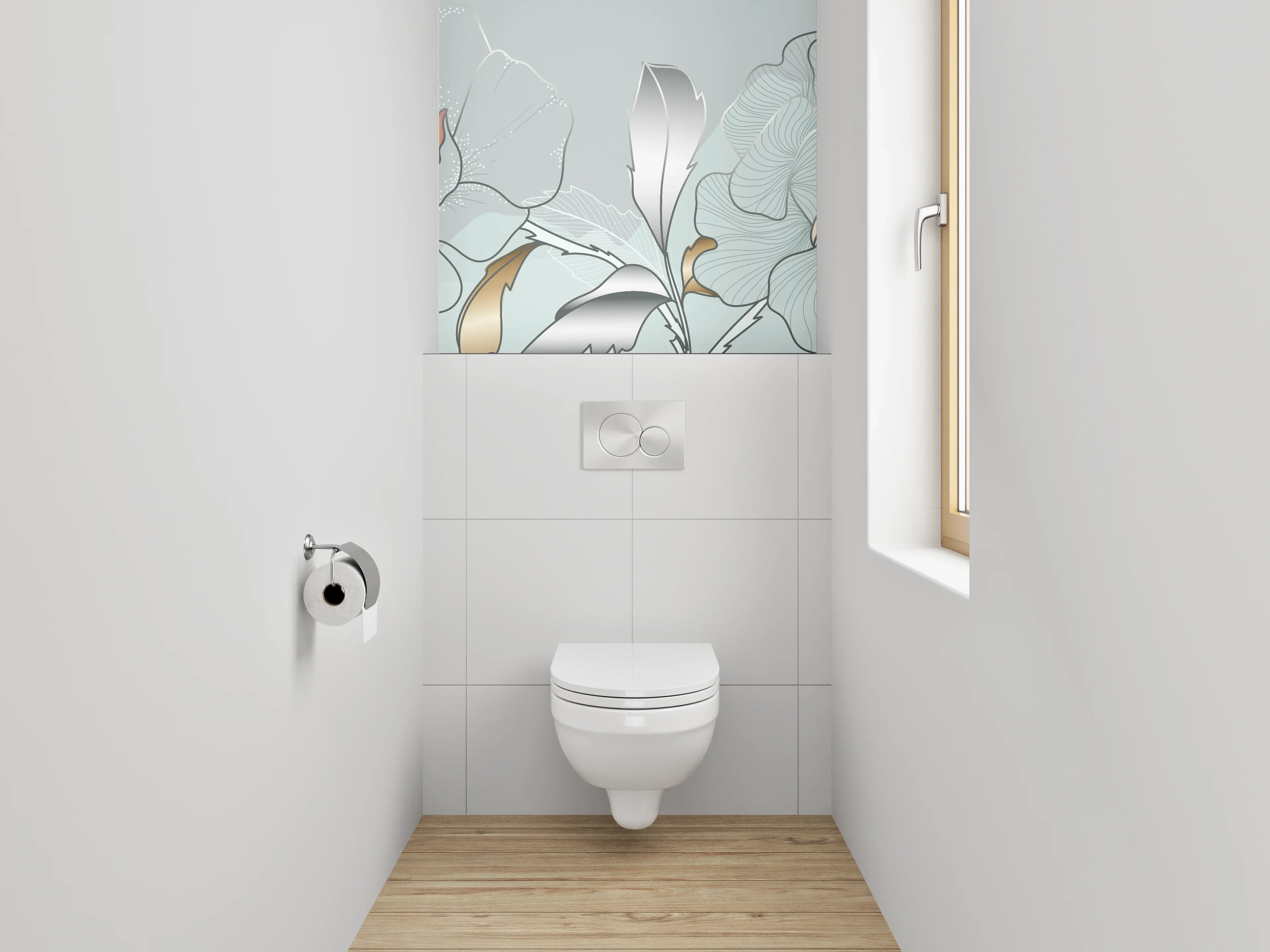 WC-Rückwand - Elegante Blumen-Lineart auf Metallic-Hintergrund