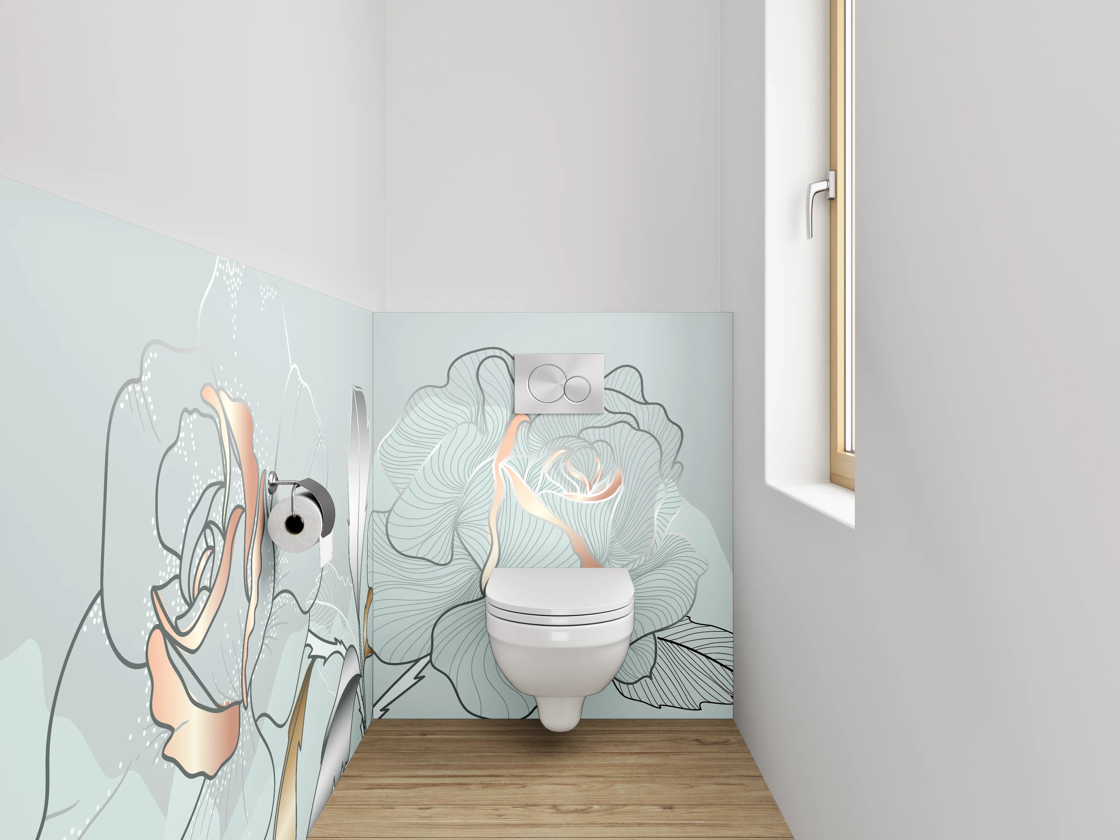 WC-Rückwand - Elegante Blumen-Lineart auf Metallic-Hintergrund